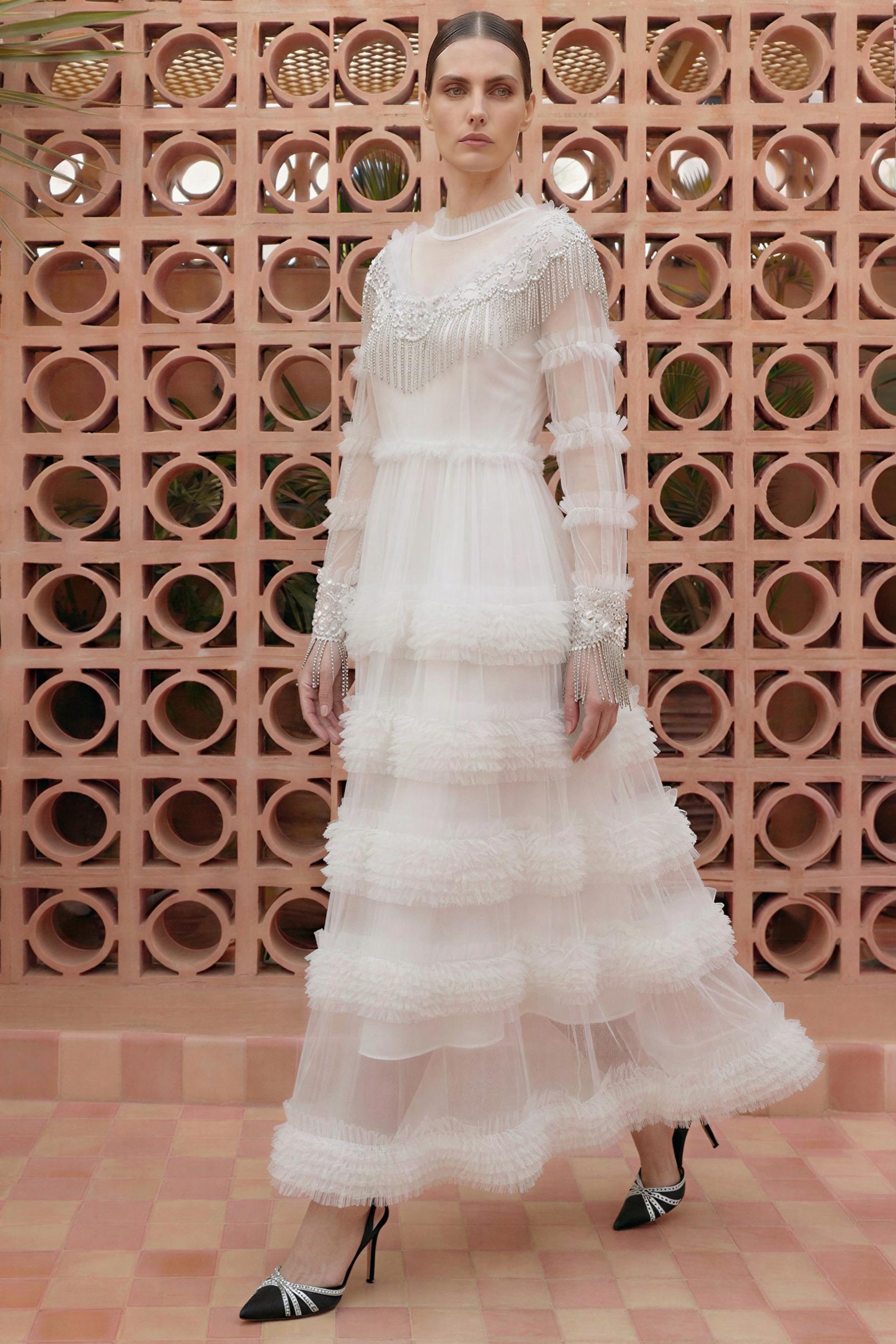 Beaded Frill Round Neck Midi Dress