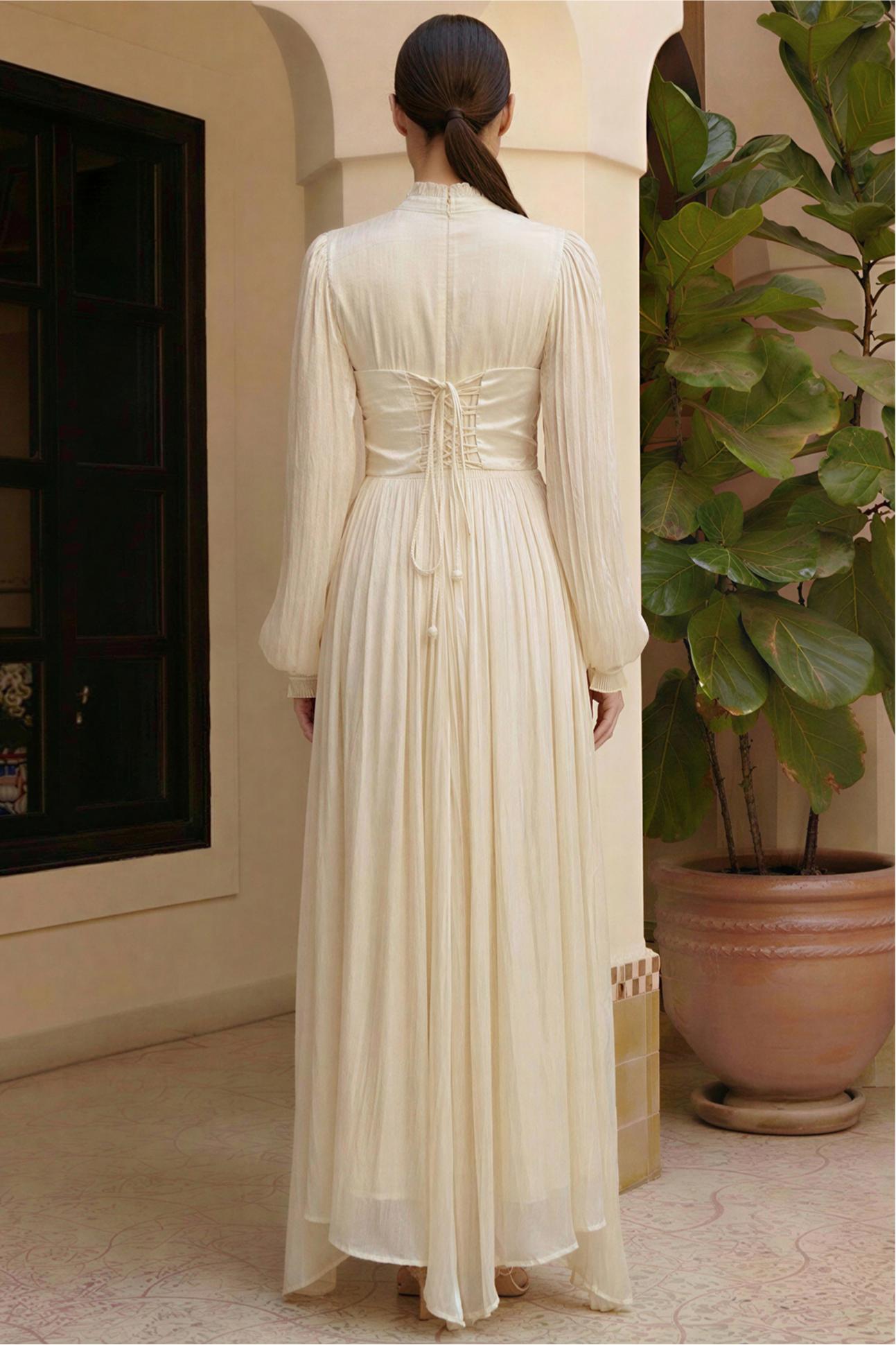 Nail Bead Embroidery Gathering Midi Dress