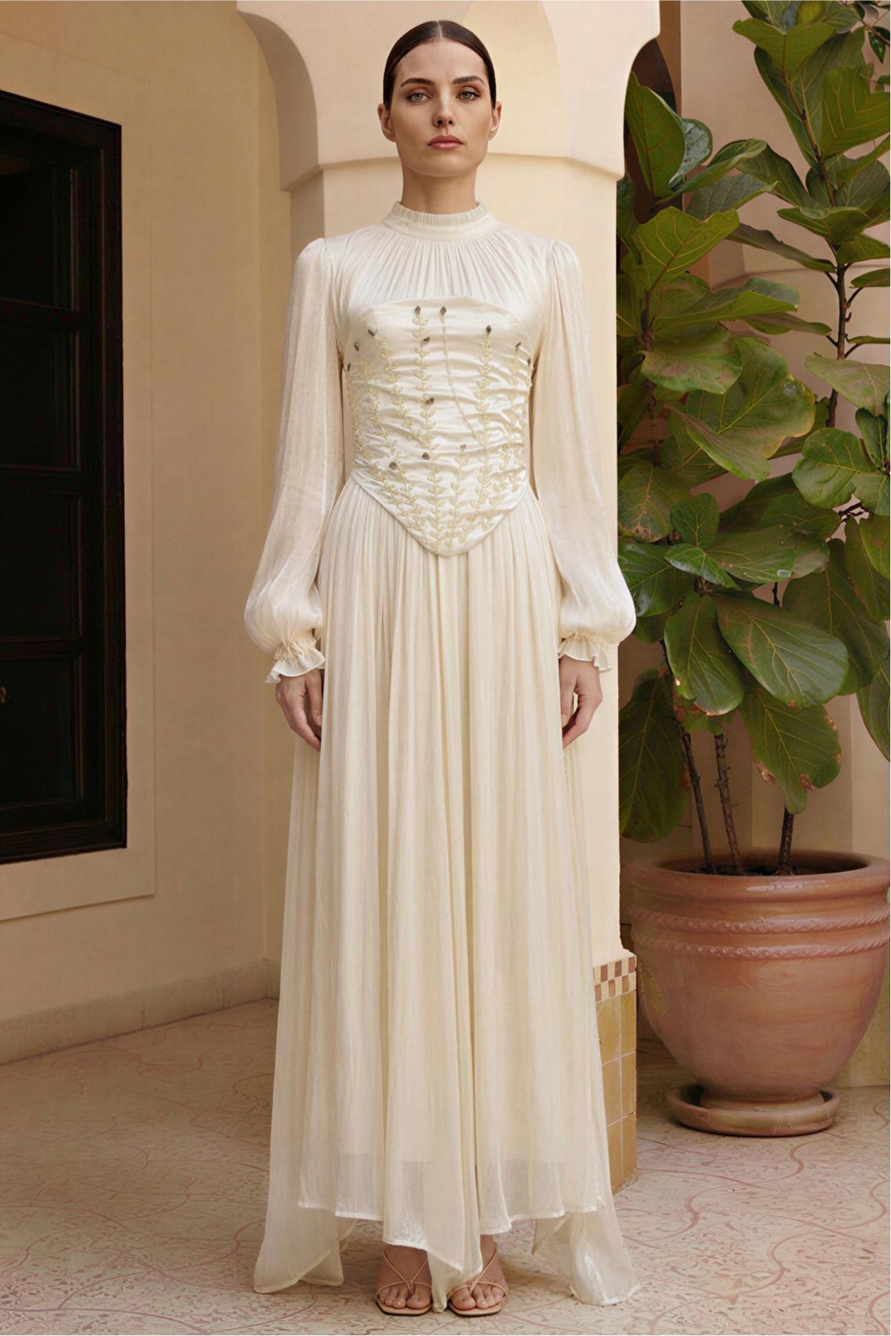 Nail Bead Embroidery Gathering Midi Dress