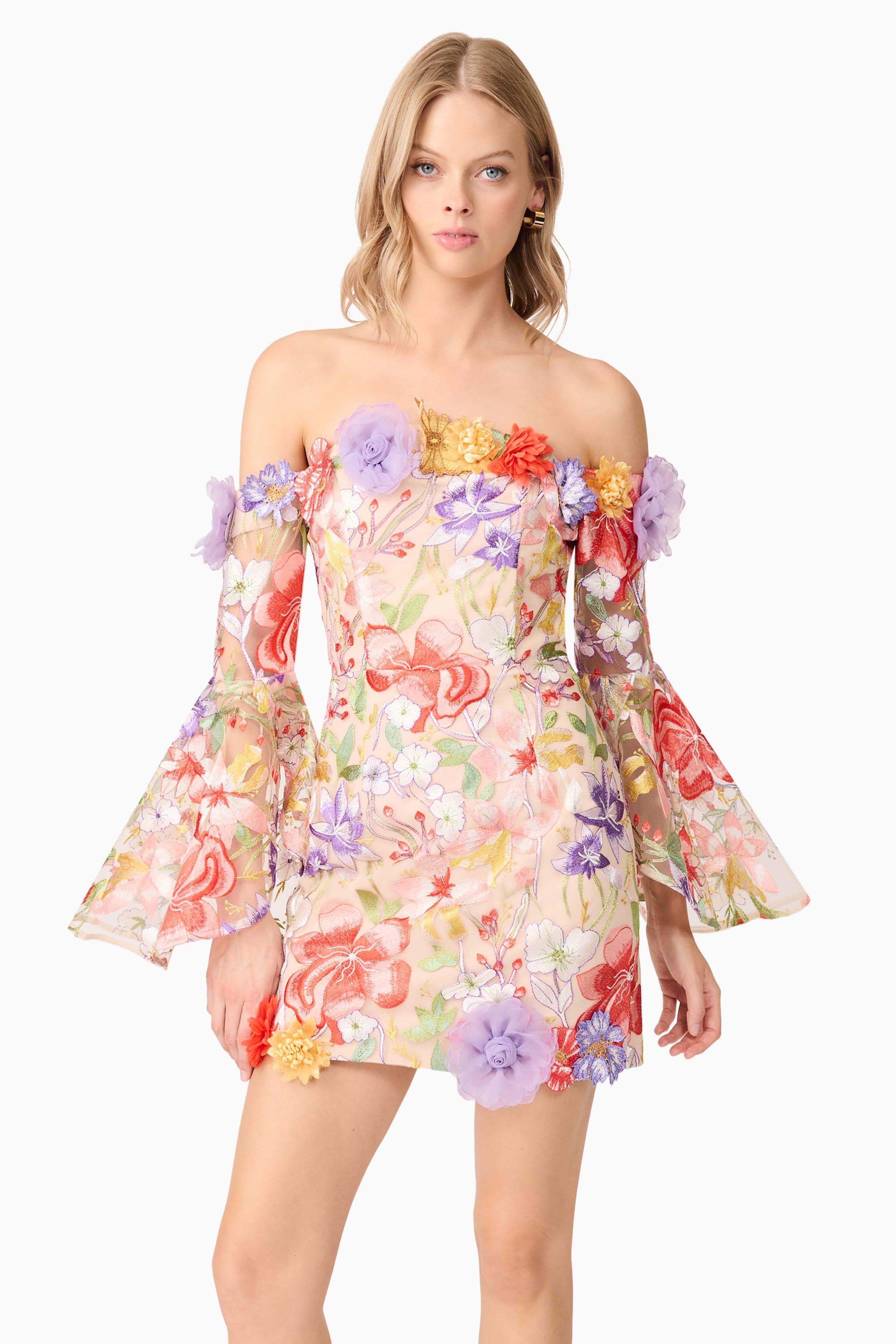 Embroidered 3D Flower Off-Shoulder Mini Dress