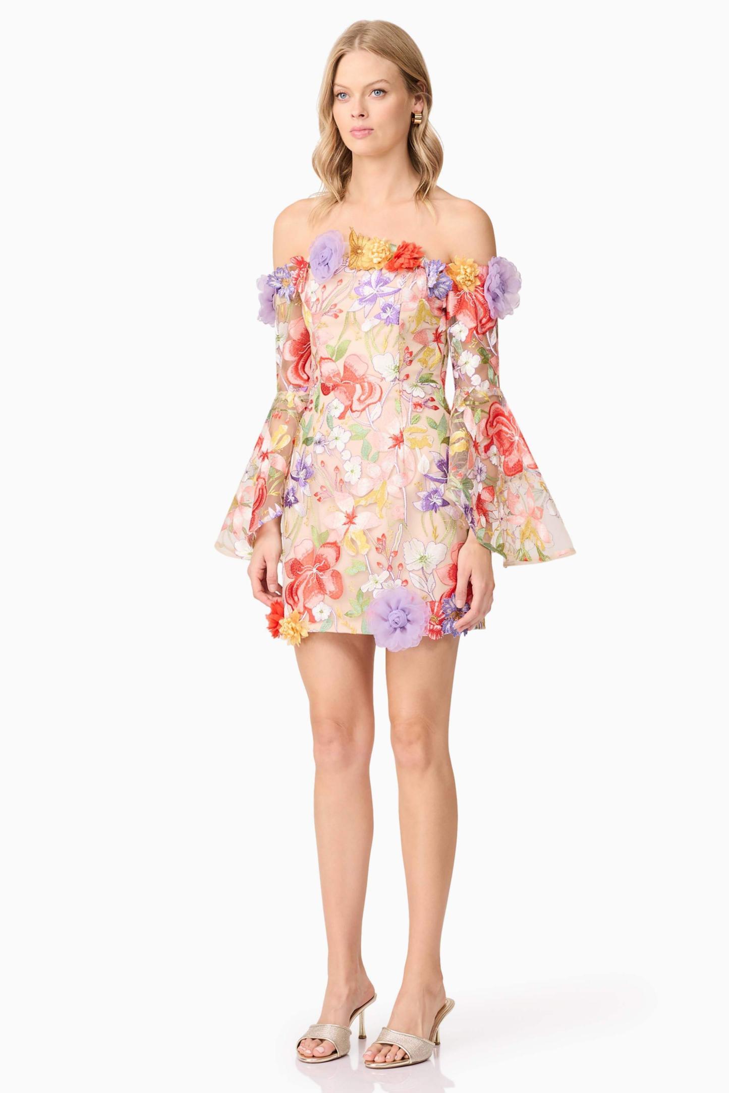 Embroidered 3D Flower Off-Shoulder Mini Dress