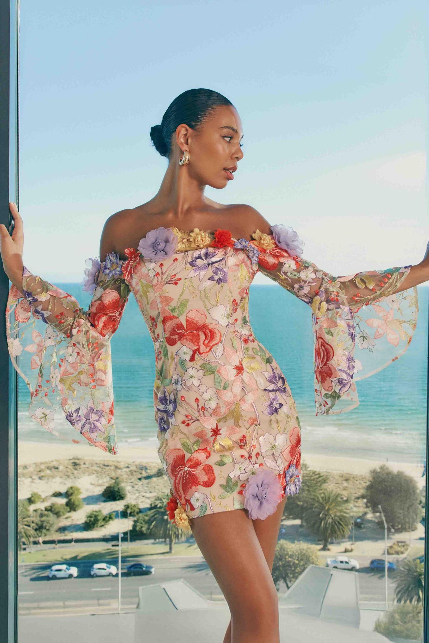 Embroidered 3D Flower Off-Shoulder Mini Dress