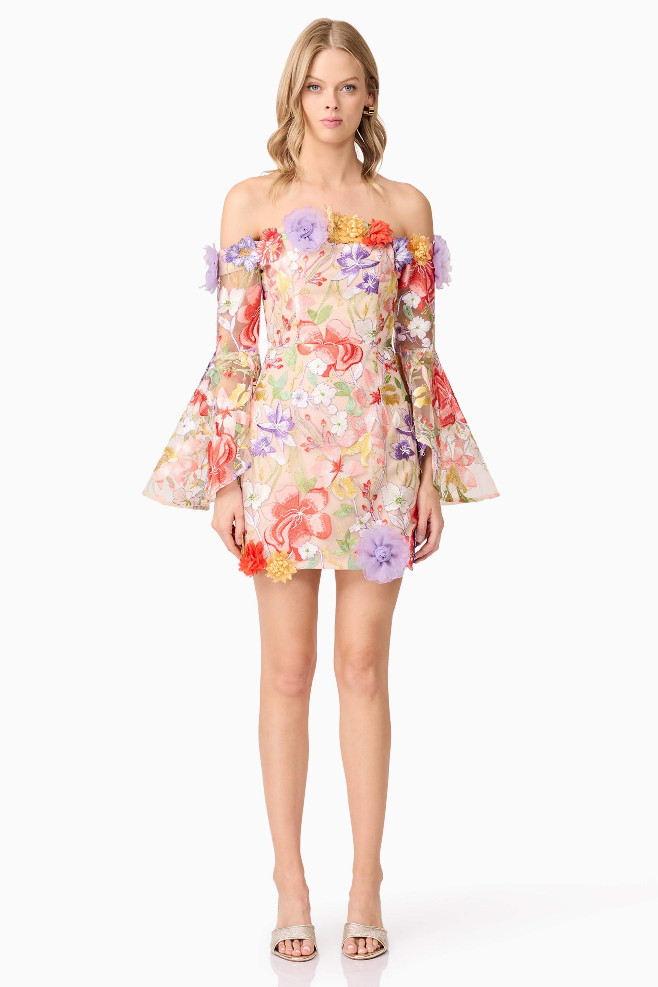 Embroidered 3D Flower Off-Shoulder Mini Dress