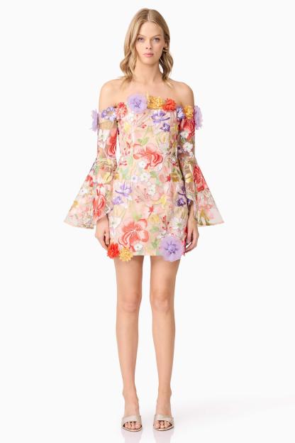 Embroidered 3D Flower Off-Shoulder Mini Dress