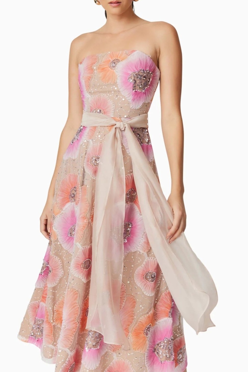 Nail Bead Embroidery Strapless Midi Dress With Belt