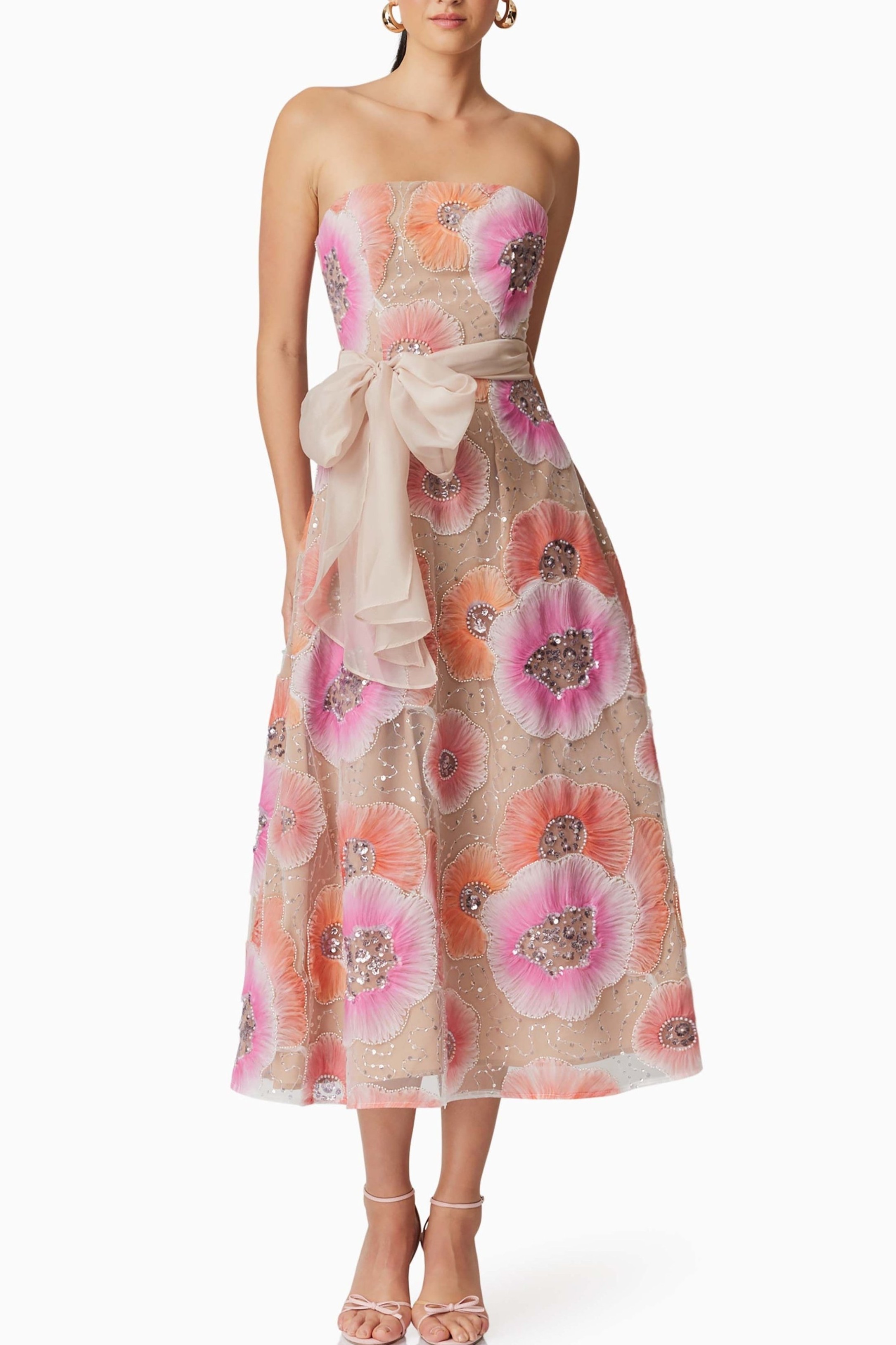 Nail Bead Embroidery Strapless Midi Dress With Belt