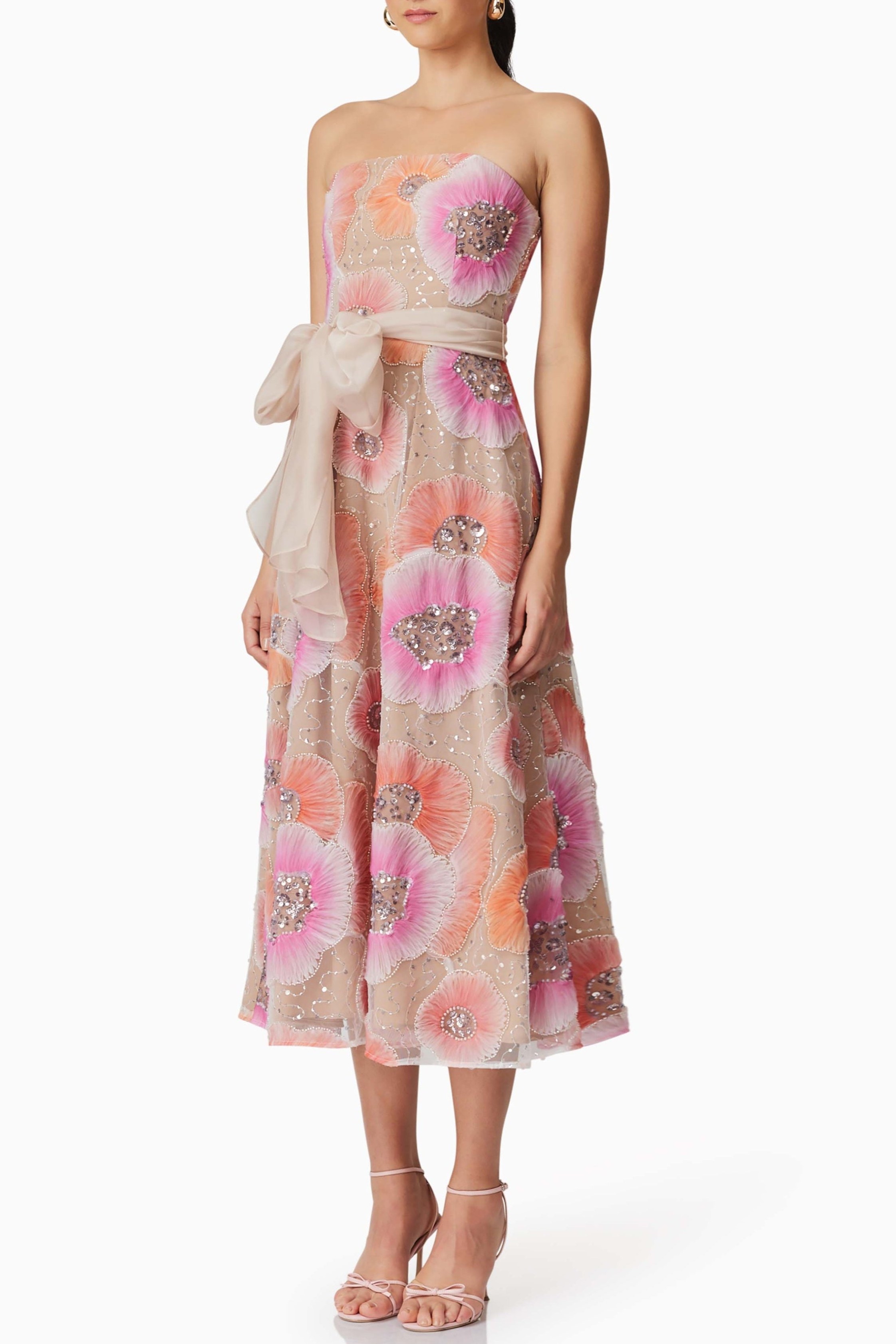 Nail Bead Embroidery Strapless Midi Dress With Belt
