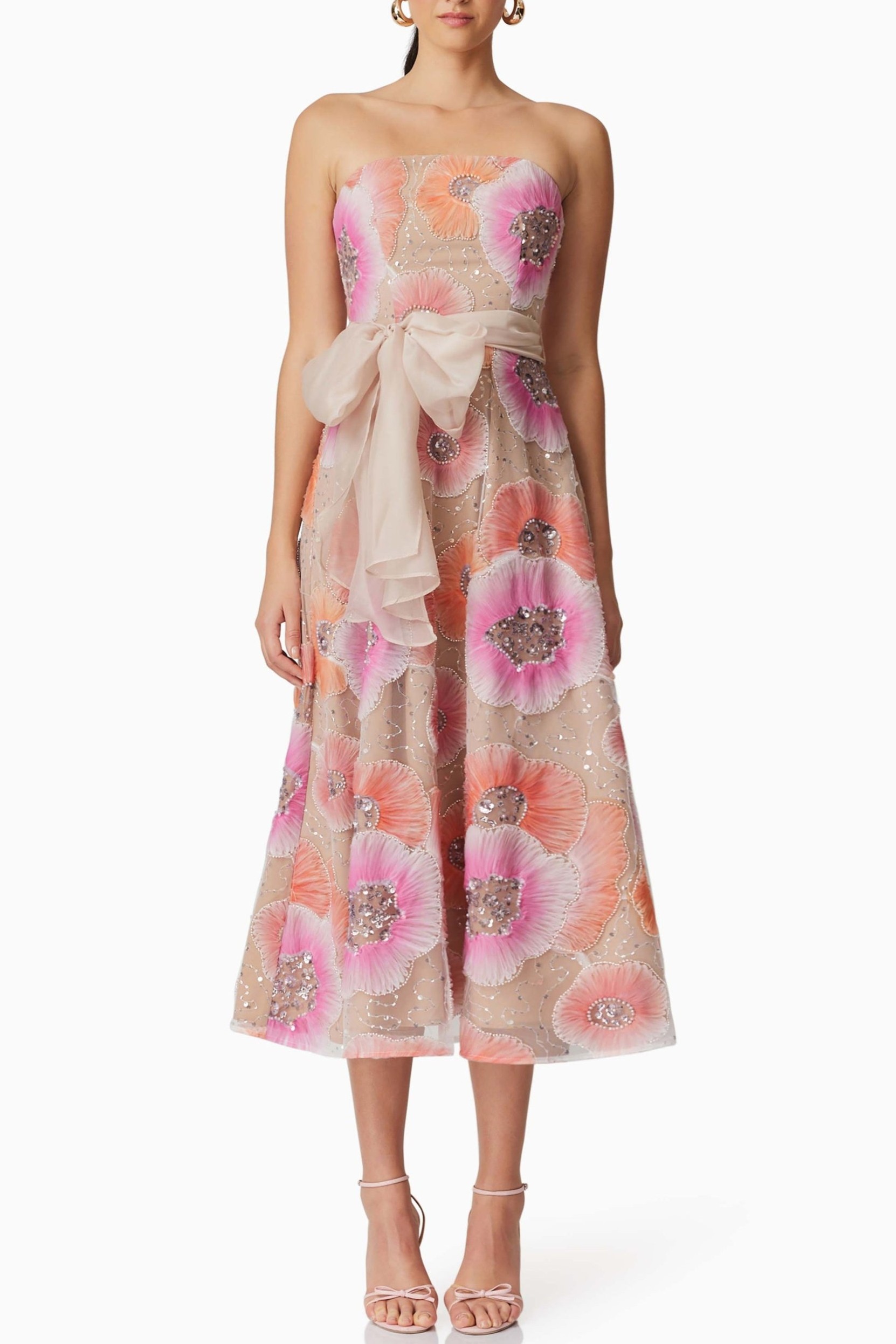 Nail Bead Embroidery Strapless Midi Dress With Belt