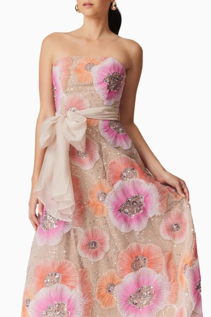 Nail Bead Embroidery Strapless Midi Dress With Belt