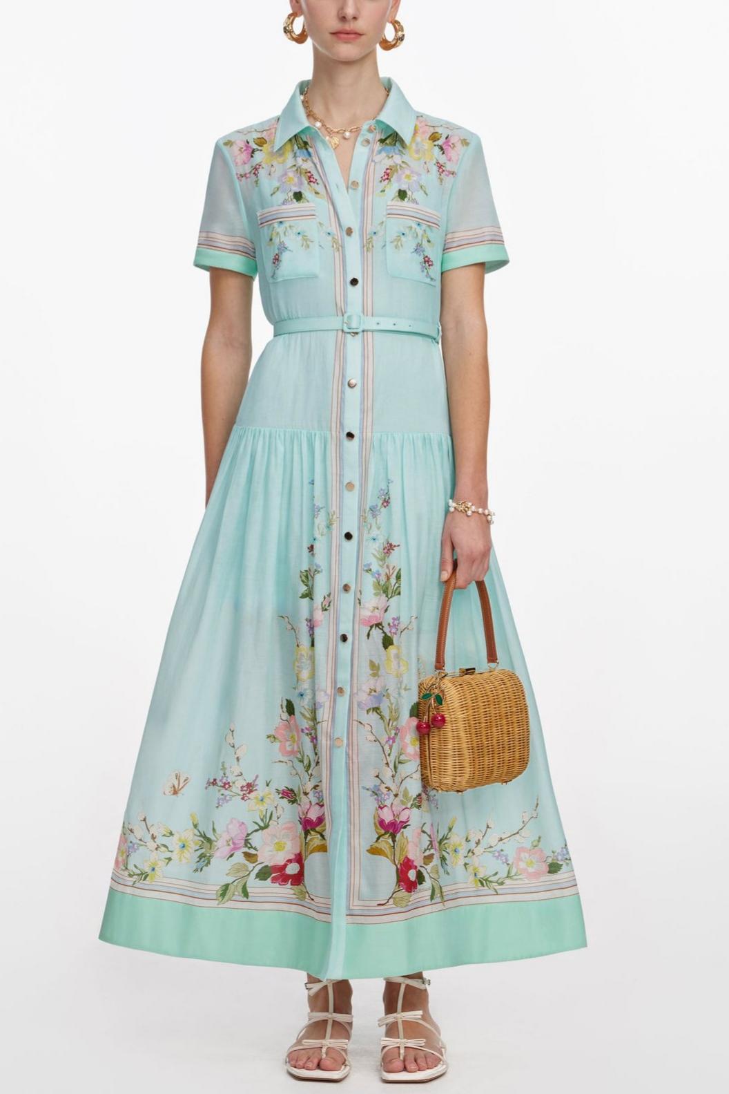 Floral Single Breasted Midi Dress With Belt