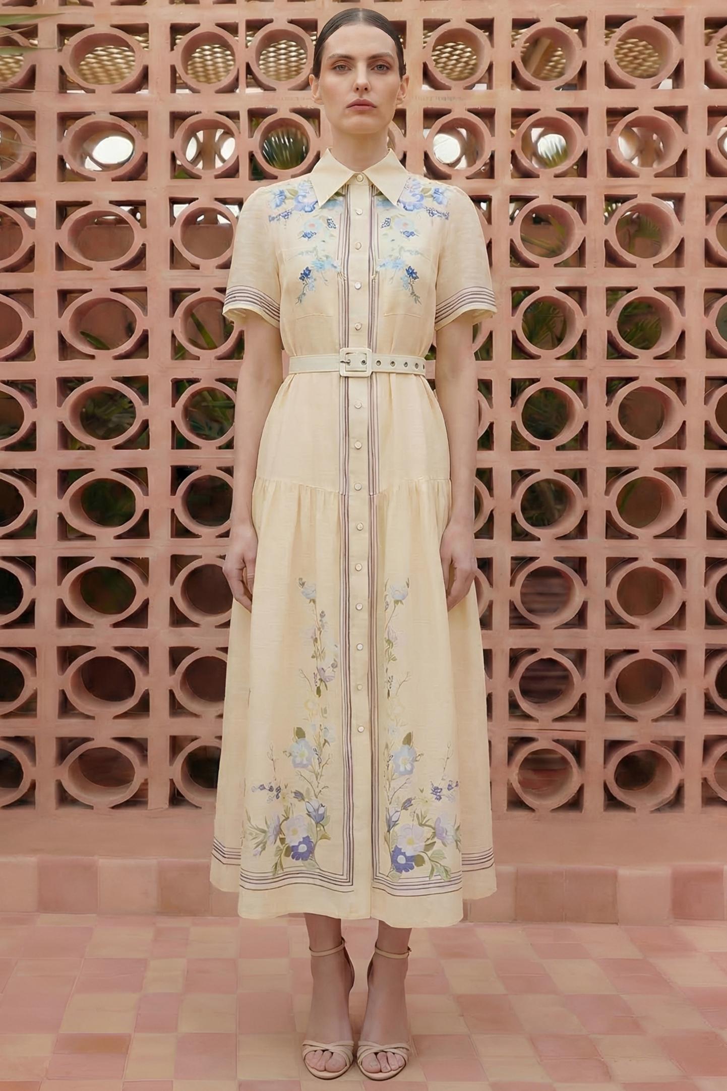 Floral Single Breasted Midi Dress With Belt