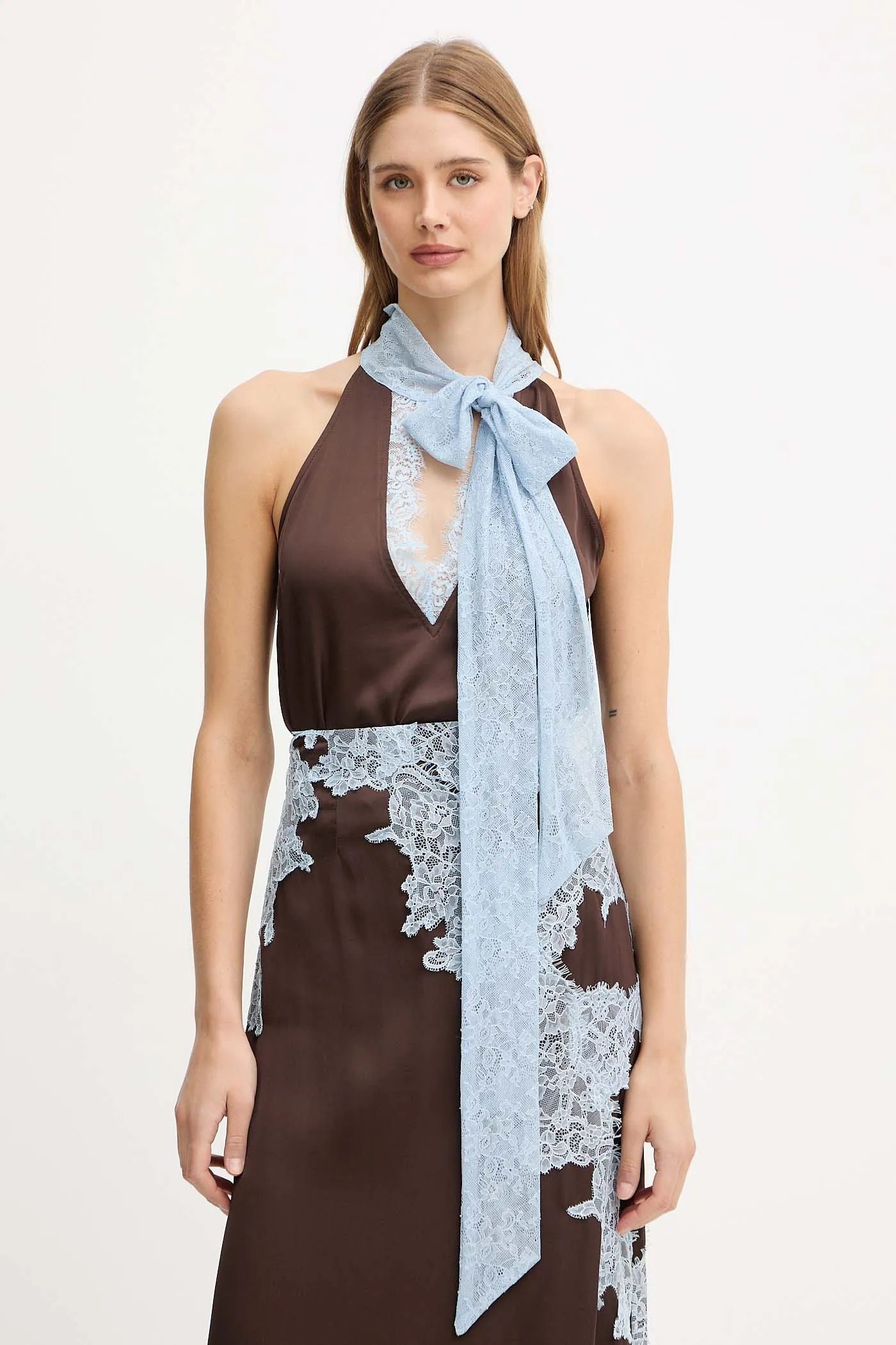 Satin Lace Top & High Waist Midi Skirt Set