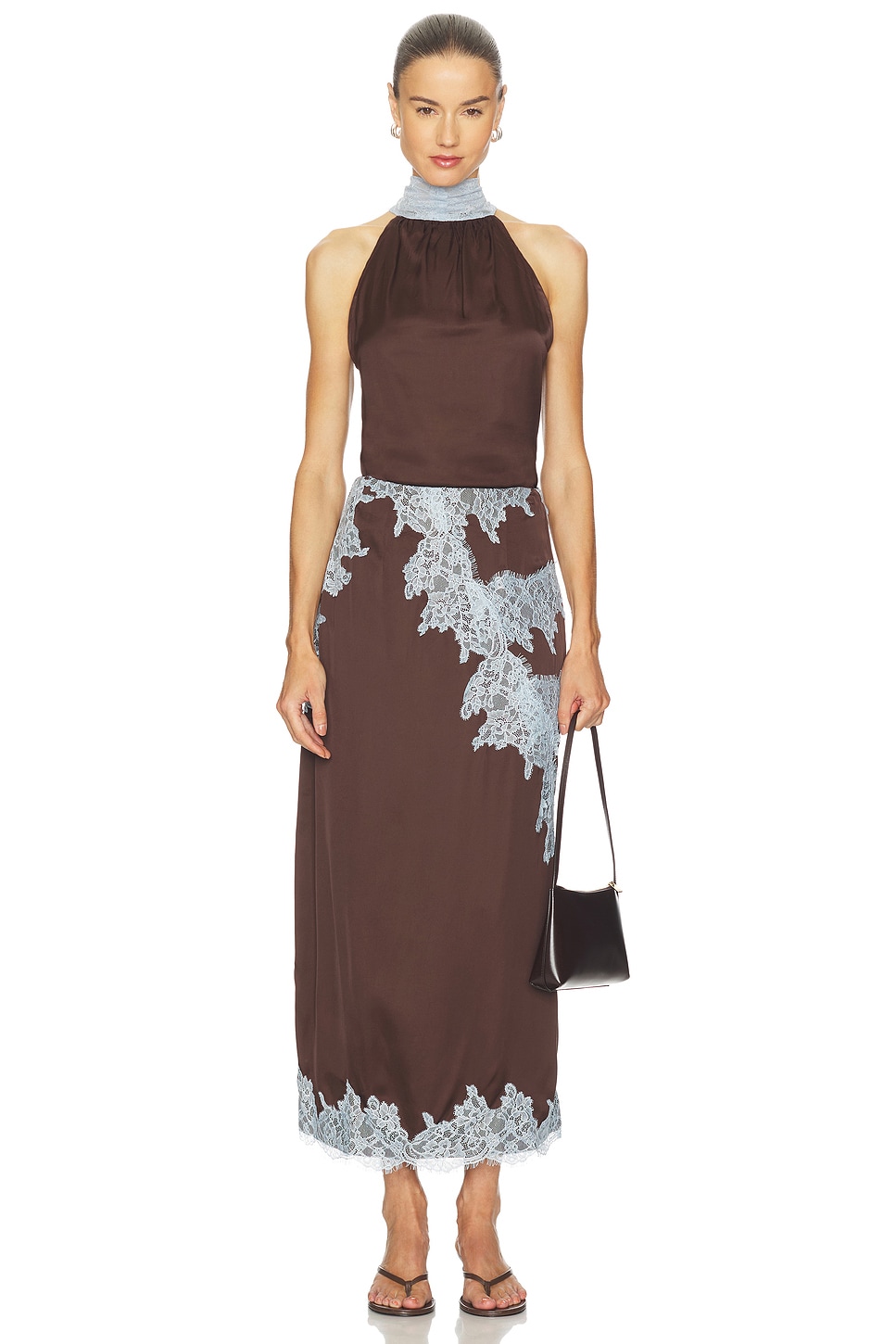 Satin Lace Top & High Waist Midi Skirt Set