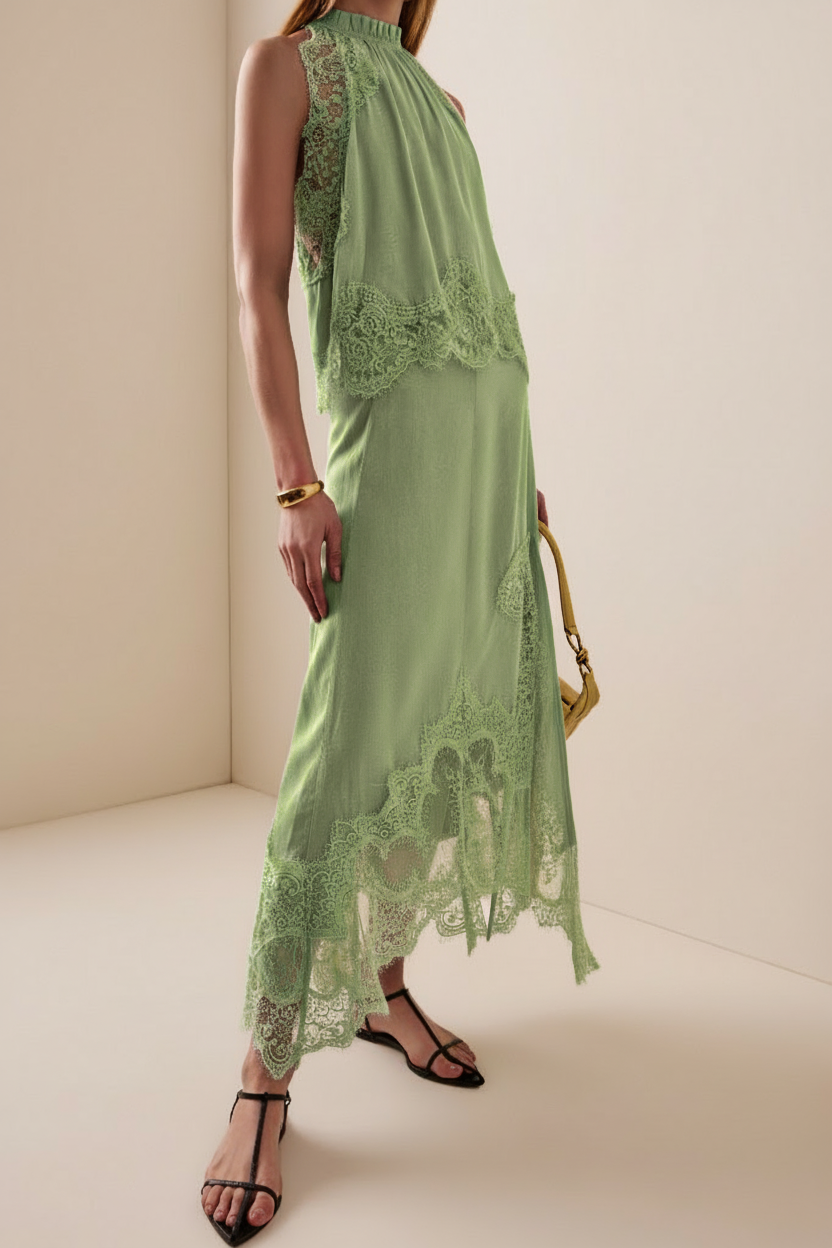 Lace Splicing Satin Top & Midi Skirt Set