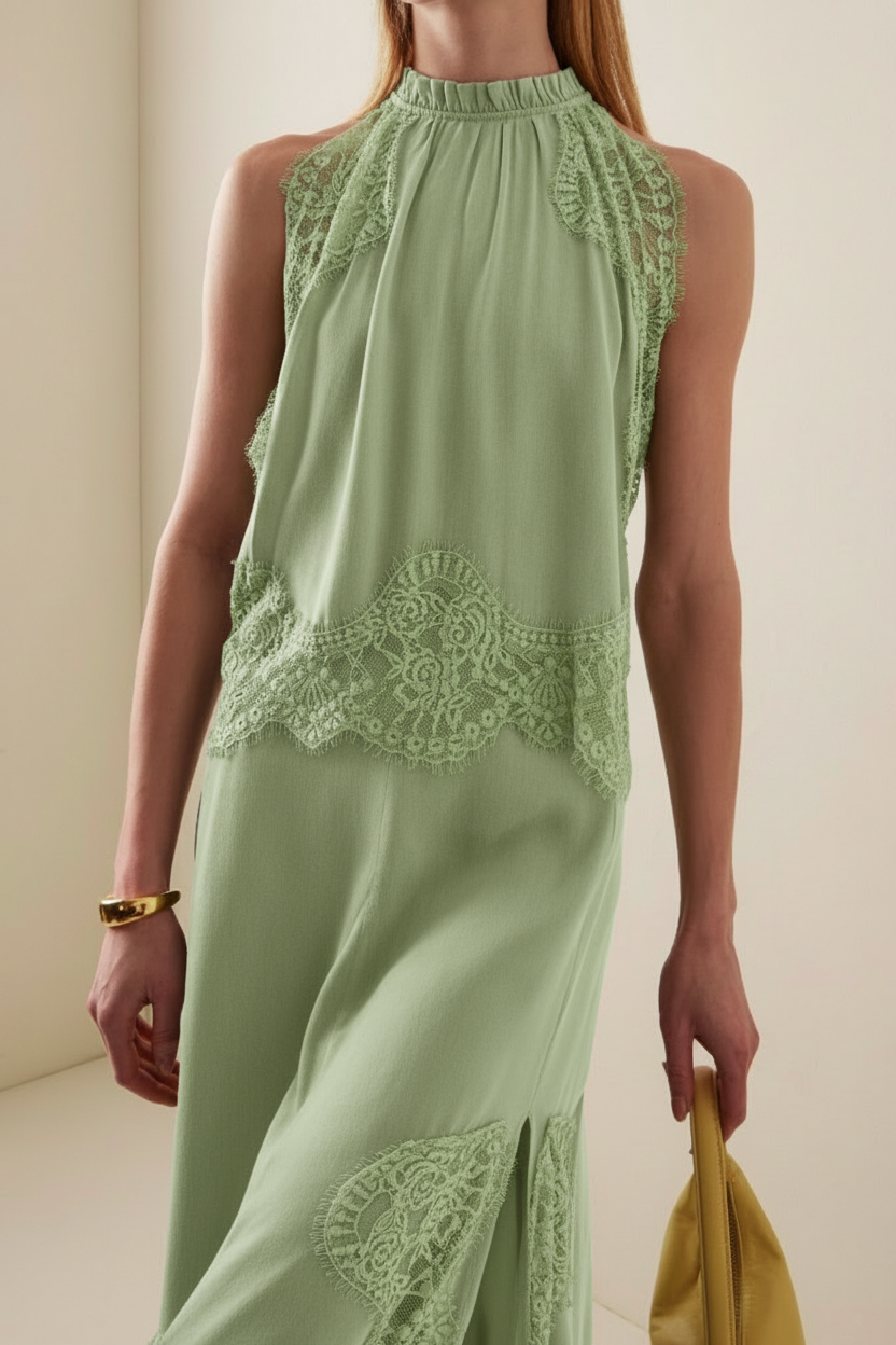 Lace Splicing Satin Top & Midi Skirt Set