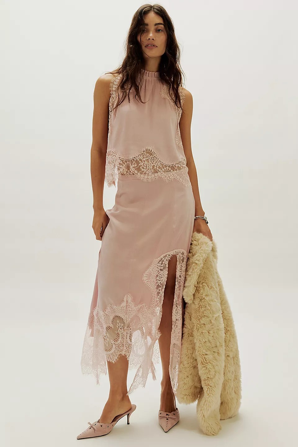 Lace Splicing Satin Top & Midi Skirt Set