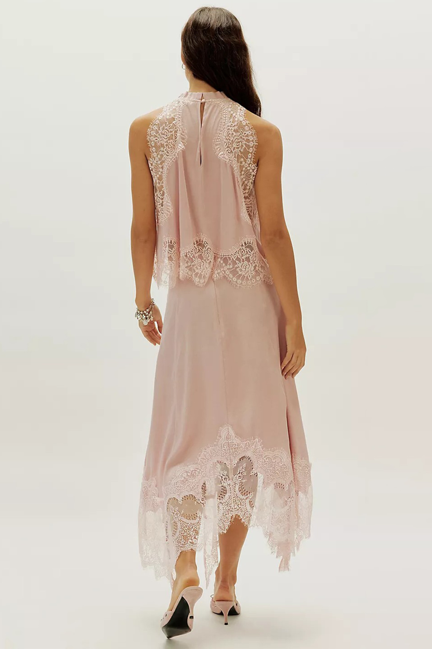 Lace Splicing Satin Top & Midi Skirt Set