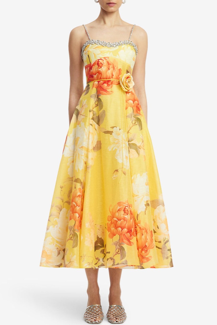 3D Flower Rhinestone Rivets Slip Midi Dress