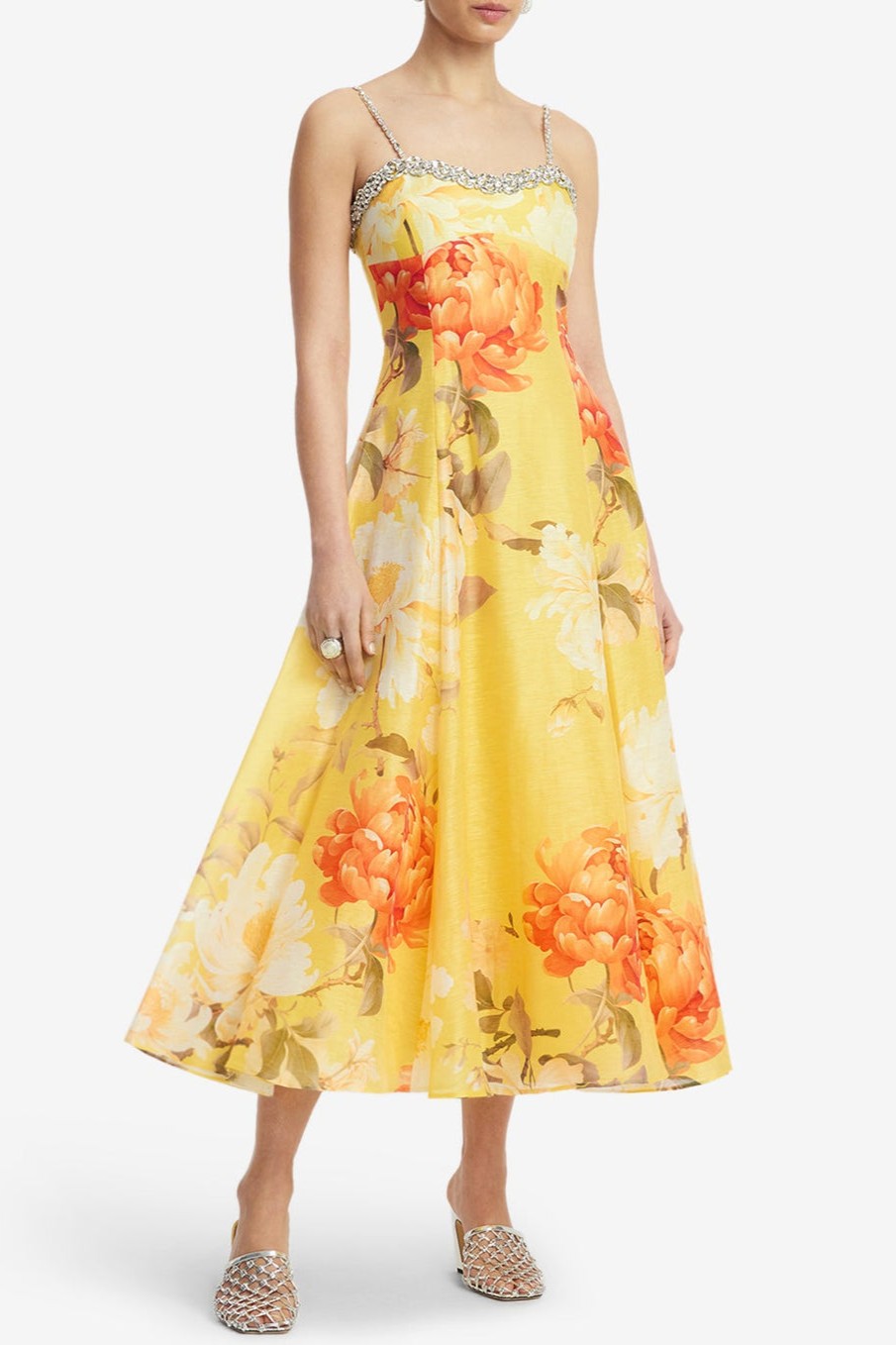 3D Flower Rhinestone Rivets Slip Midi Dress