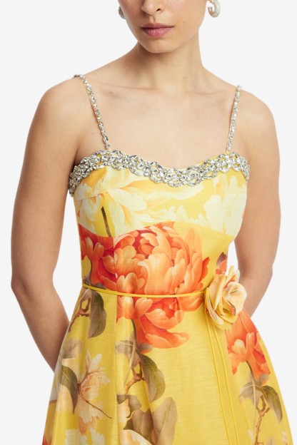 3D Flower Rhinestone Rivets Slip Midi Dress