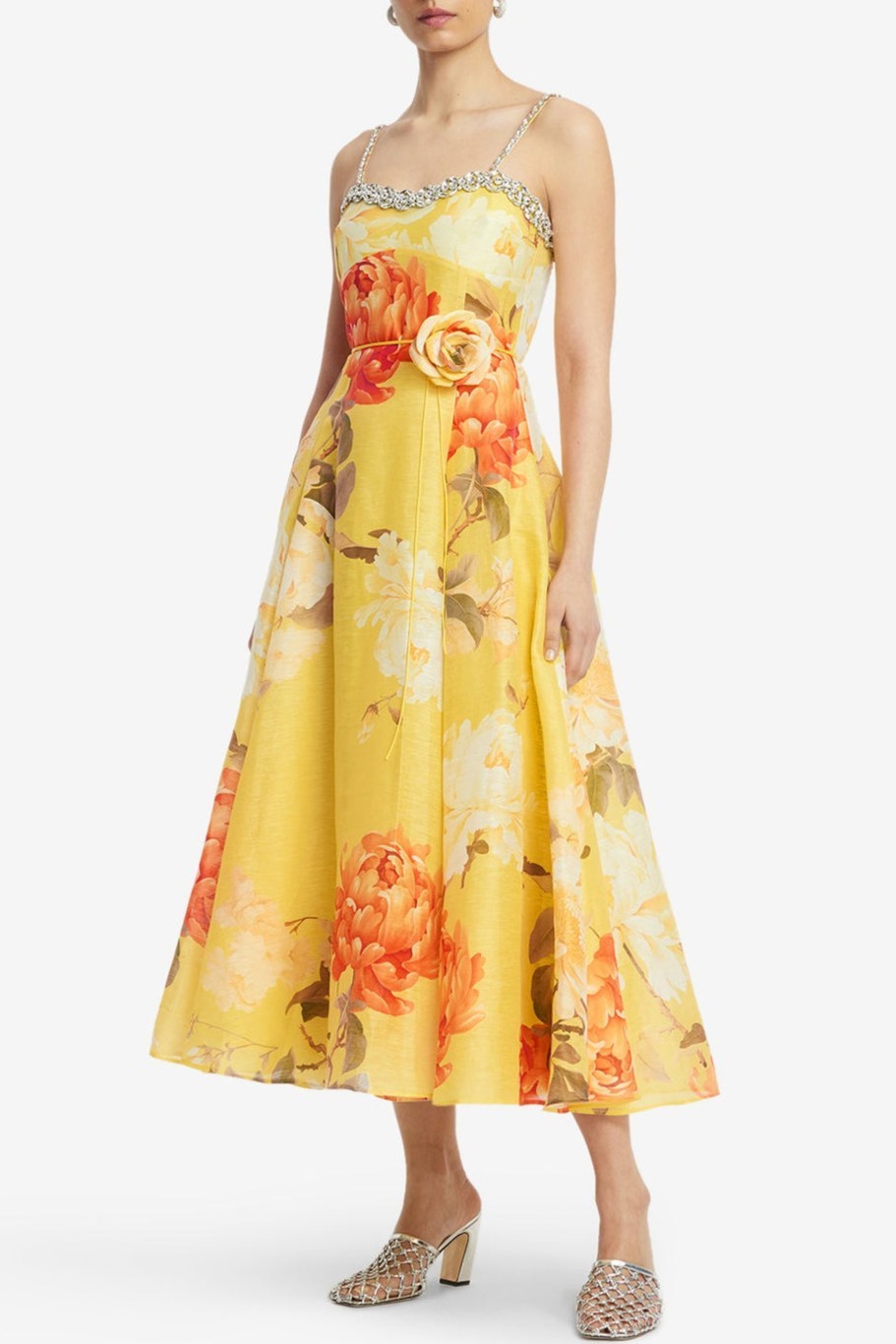 3D Flower Rhinestone Rivets Slip Midi Dress