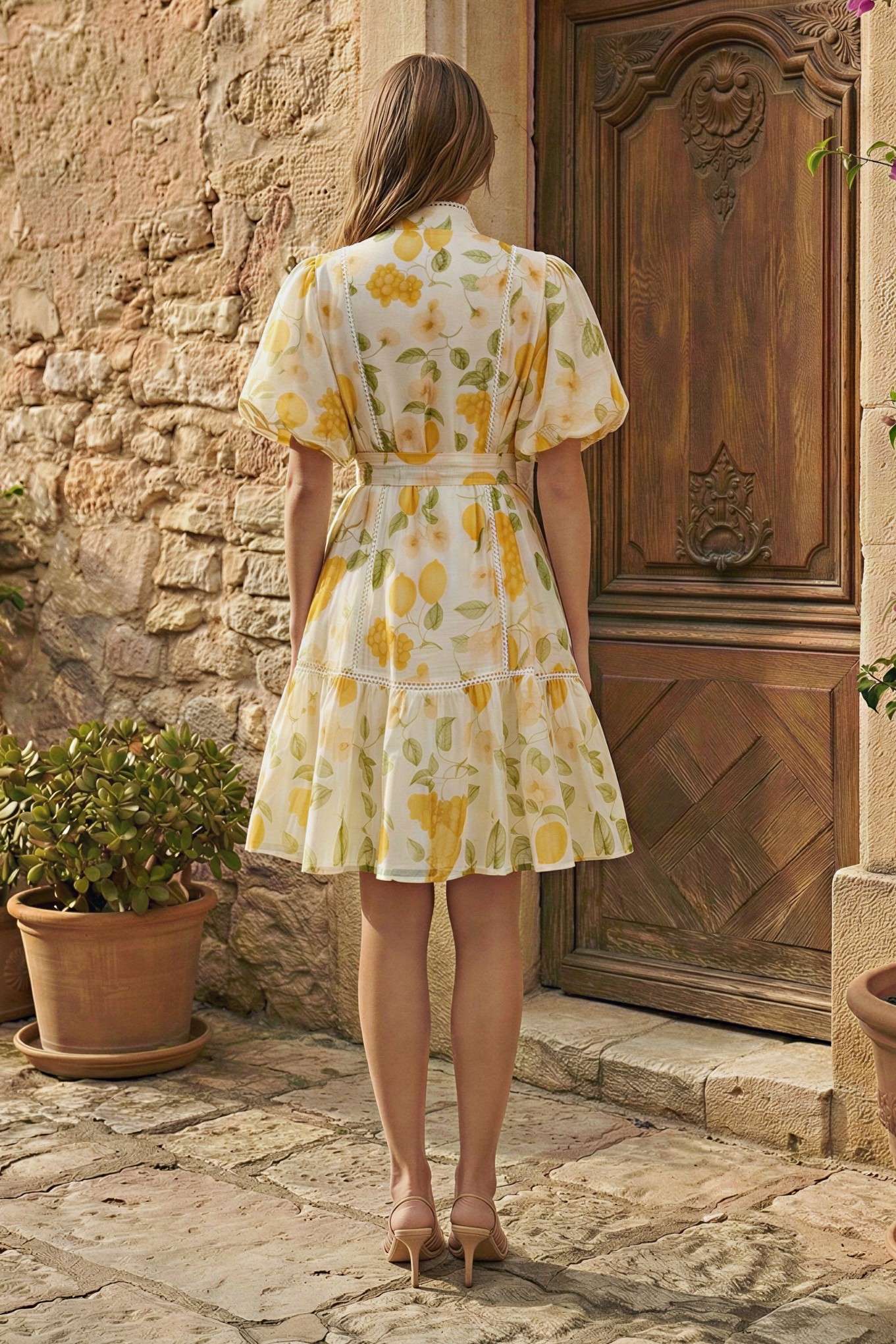 Fruit Print Lace Single Breasted Mini Dress