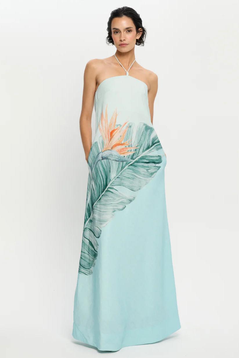 Floral Halter Neck Backless Maxi Dress