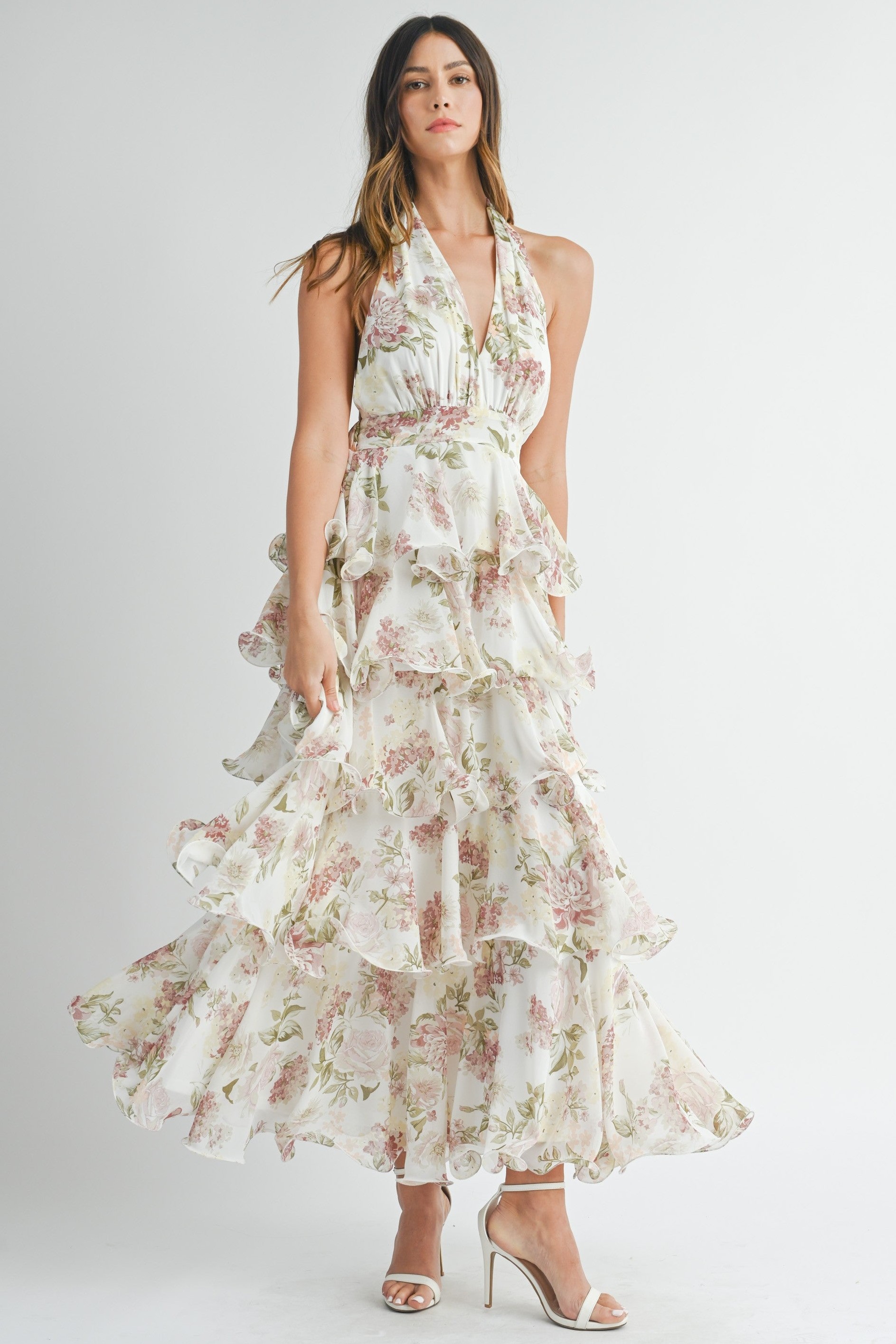 Floral Ruffle Halter Neck Midi Dress