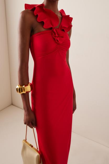 3D Flower Ruffle Ruched Midi Dress