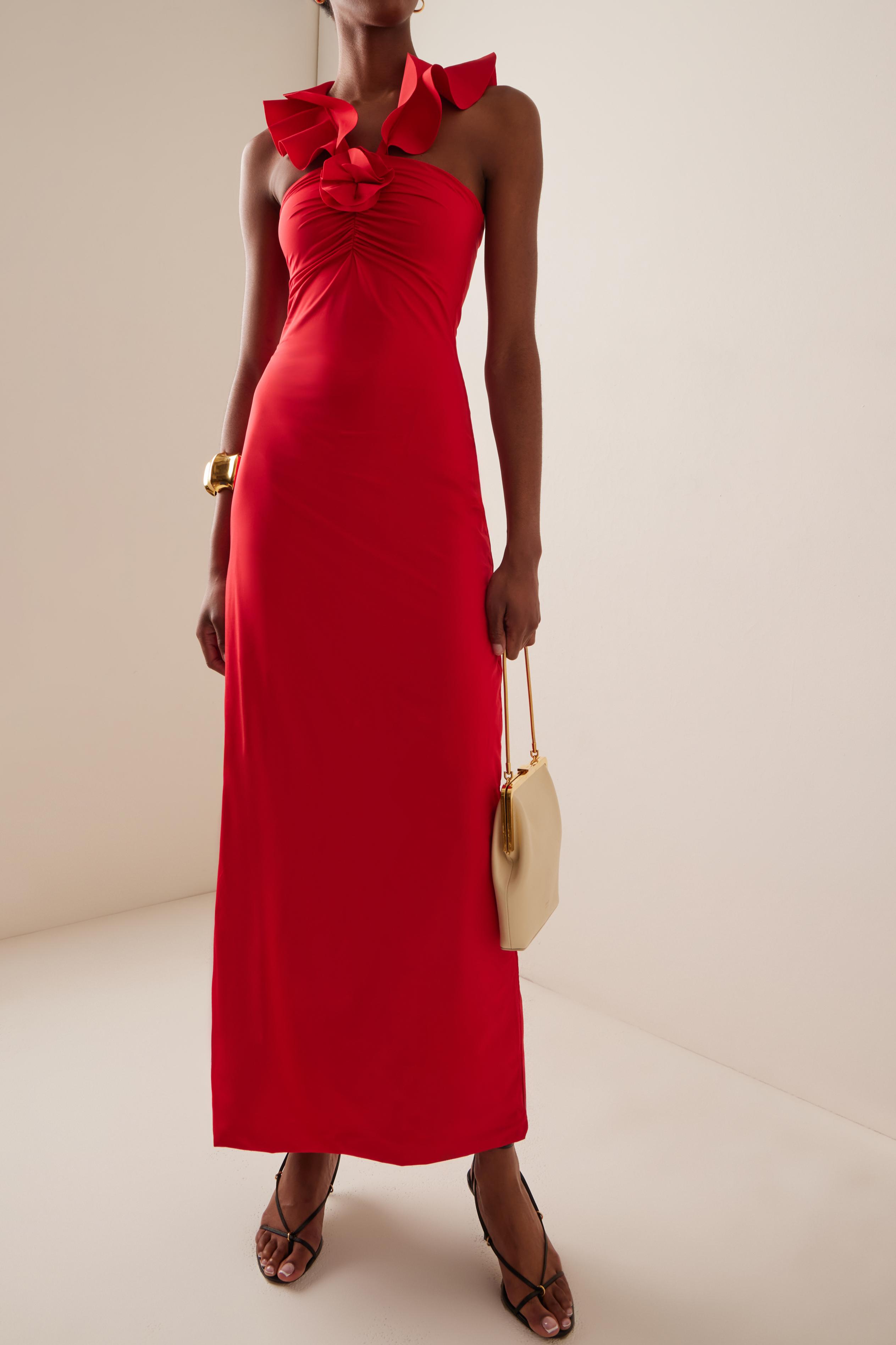 3D Flower Ruffle Ruched Midi Dress