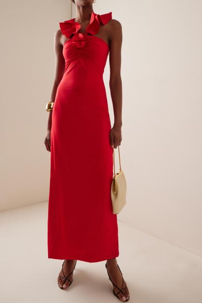 3D Flower Ruffle Ruched Midi Dress