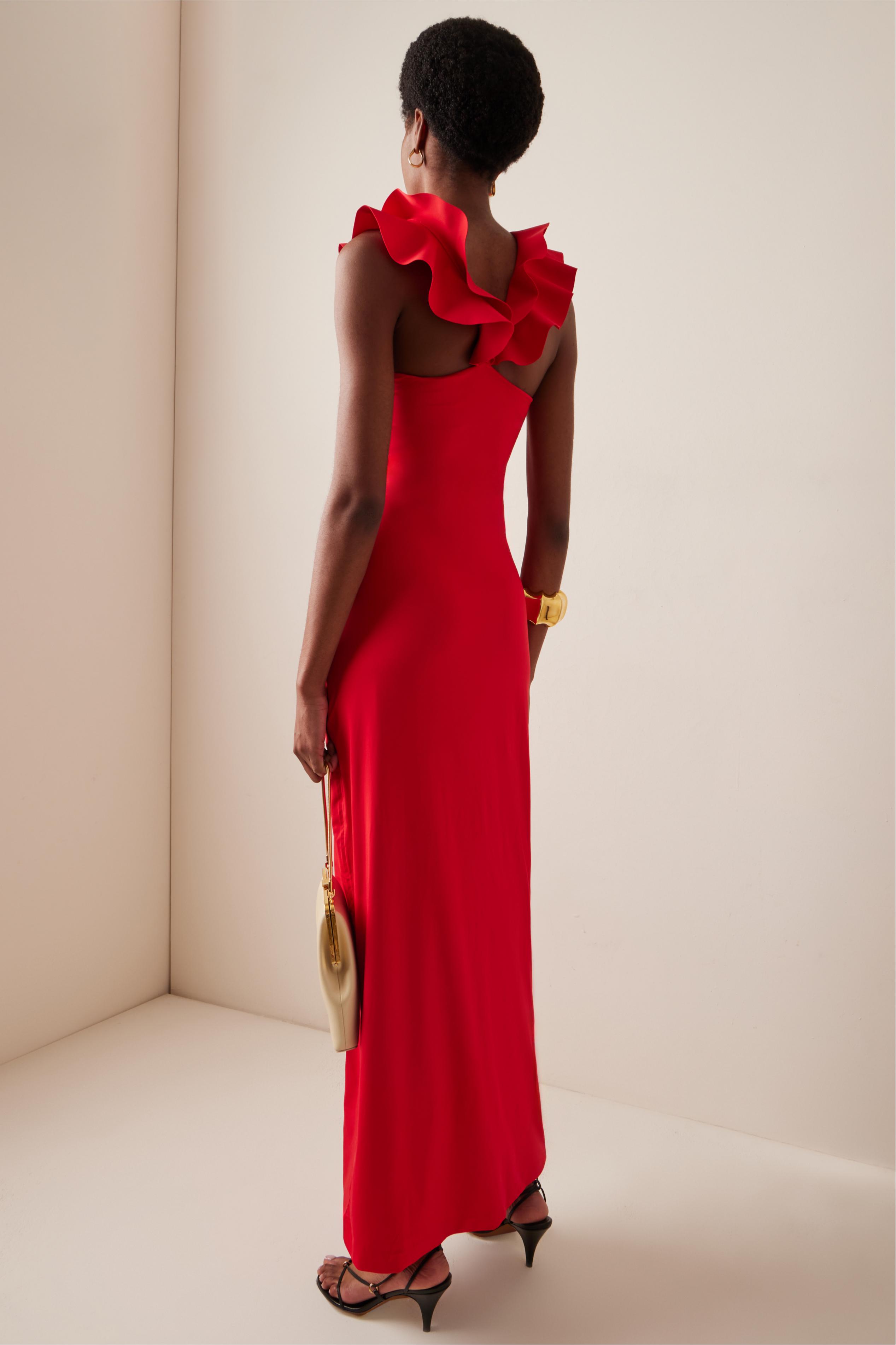 3D Flower Ruffle Ruched Midi Dress