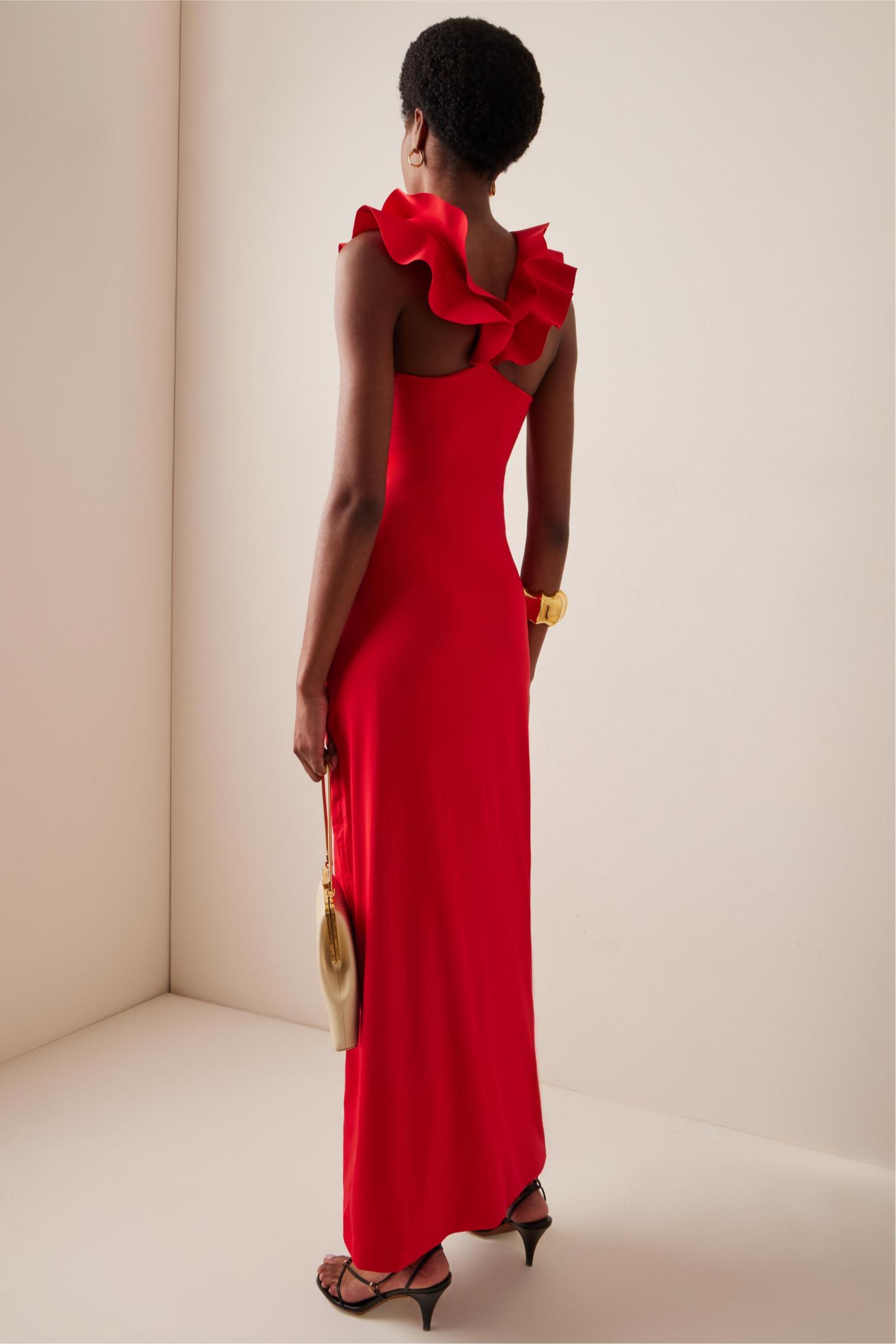 3D Flower Ruffle Ruched Midi Dress