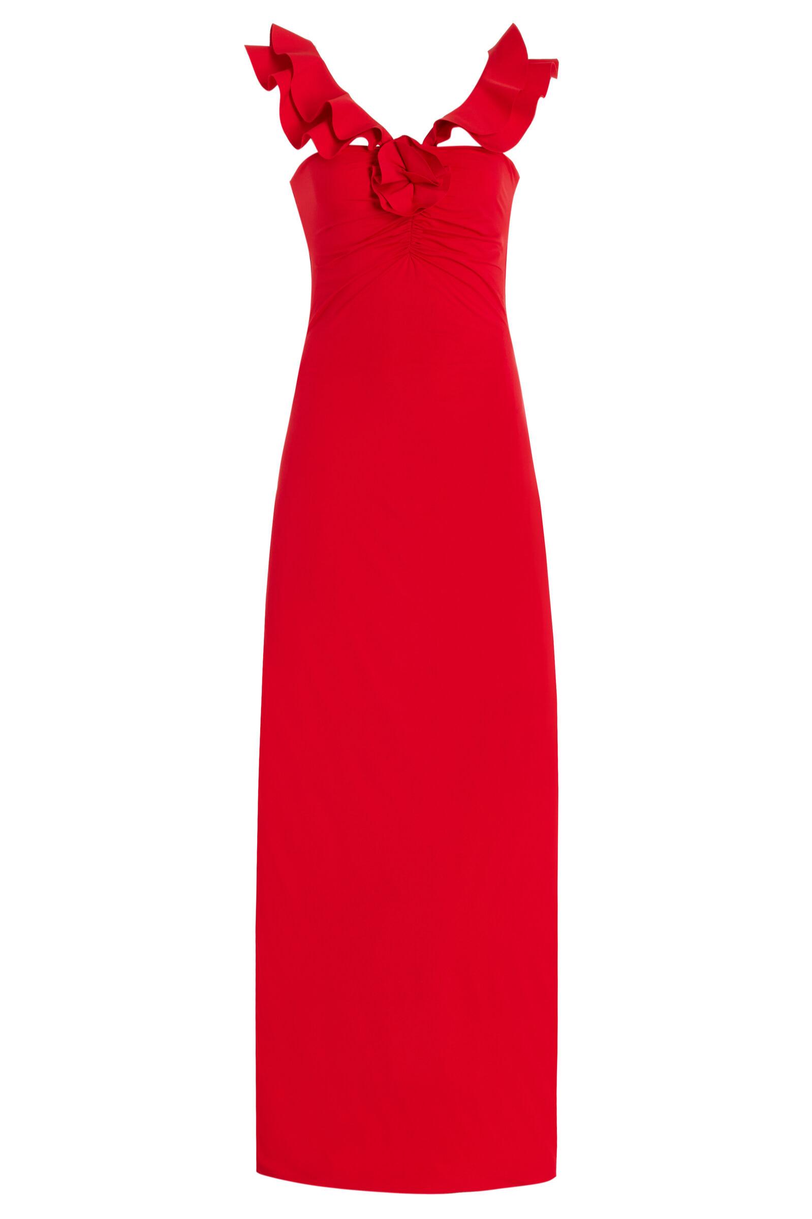 3D Flower Ruffle Ruched Midi Dress