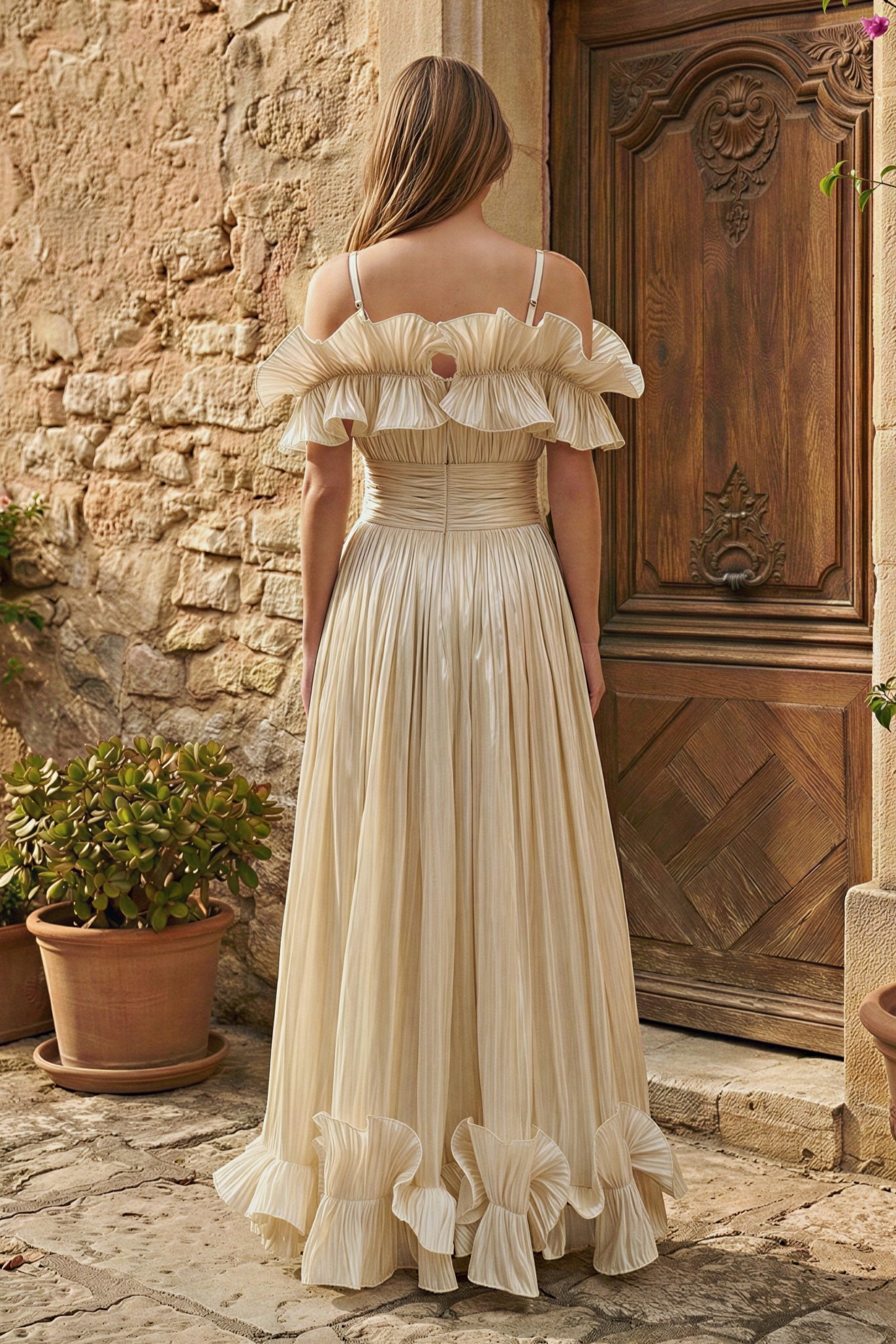 Ruffle Gathering Off Shoulder Midi Dress