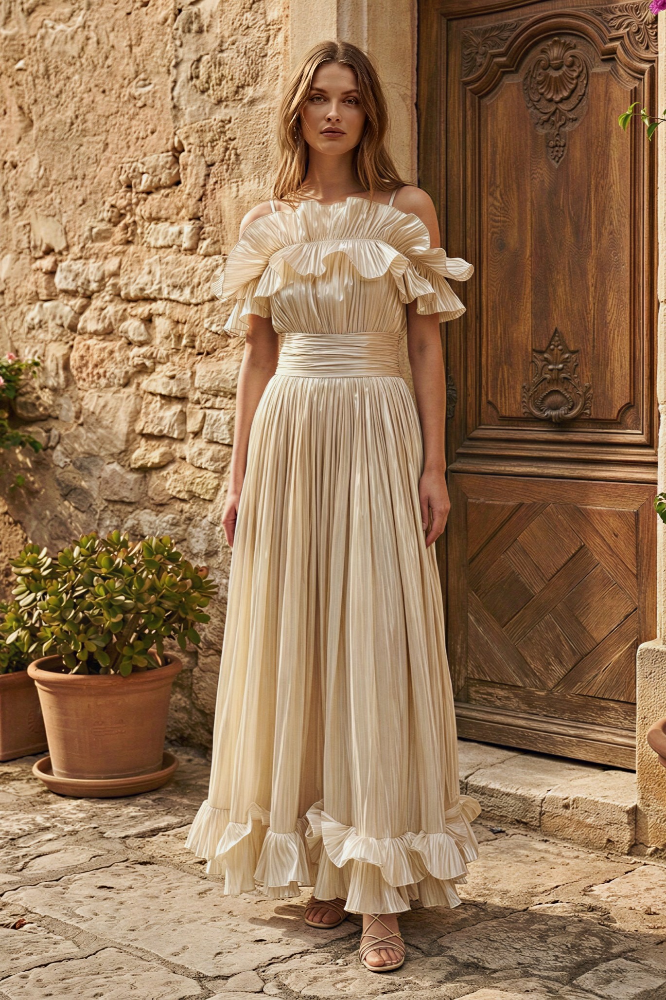 Ruffle Gathering Off Shoulder Midi Dress