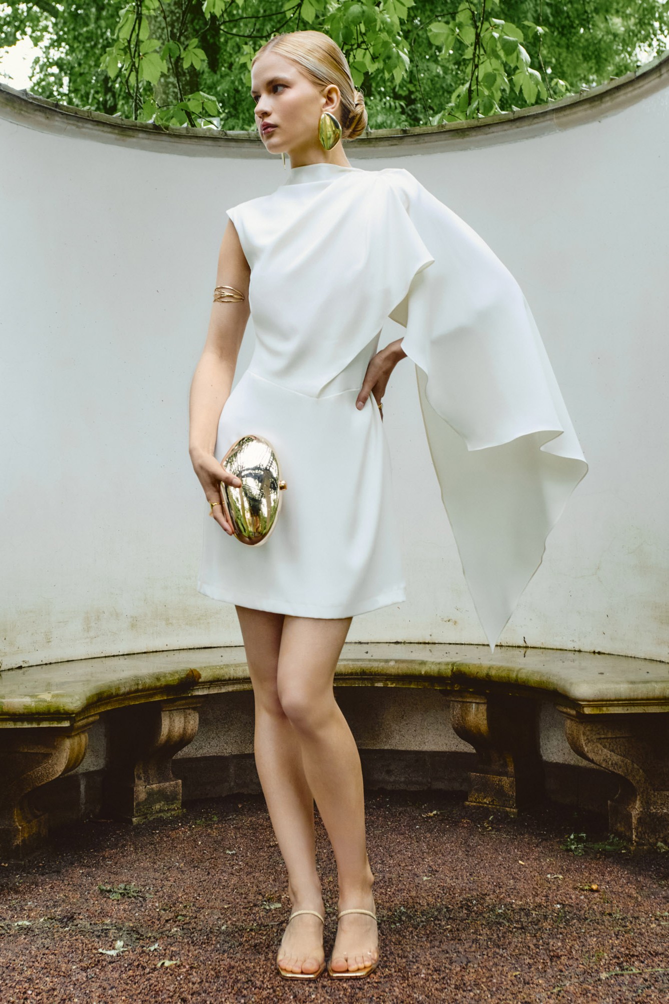 Satin Asymmetrical Cape Ruched Mini Dress