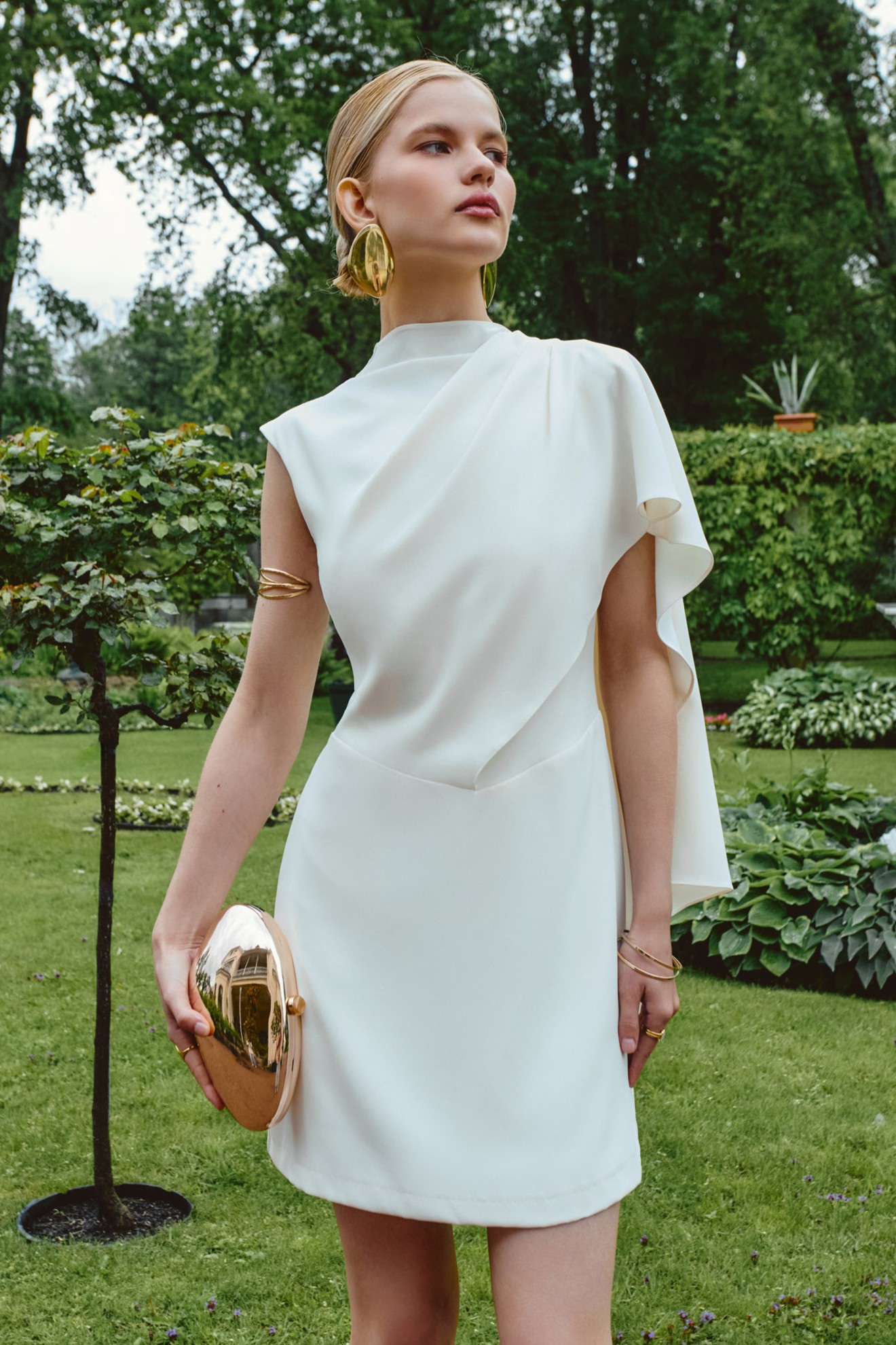 Satin Asymmetrical Cape Ruched Mini Dress