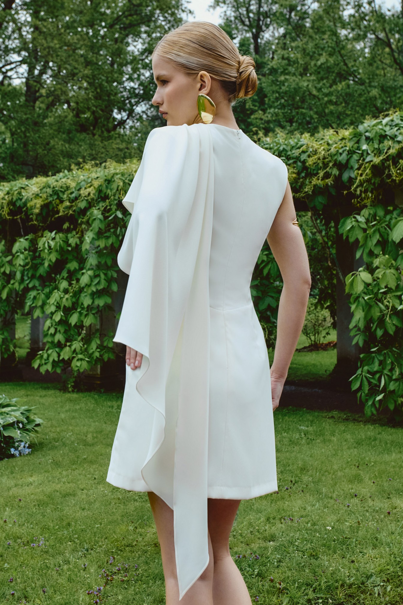 Satin Asymmetrical Cape Ruched Mini Dress