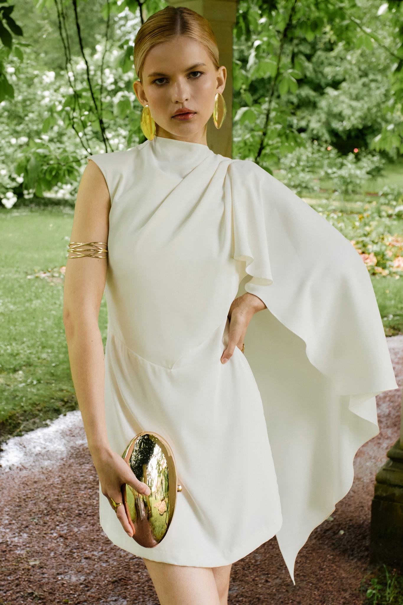 Satin Asymmetrical Cape Ruched Mini Dress