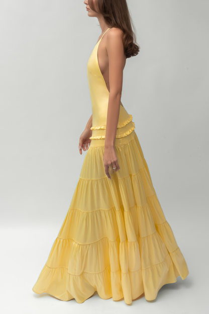 Solid Frill Skew Collar Slip Midi Dress