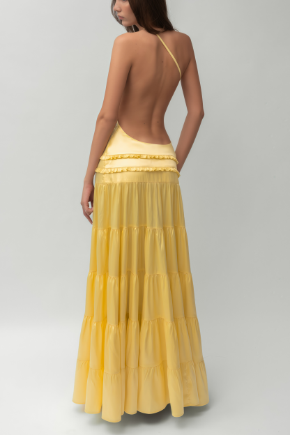 Solid Frill Skew Collar Slip Midi Dress