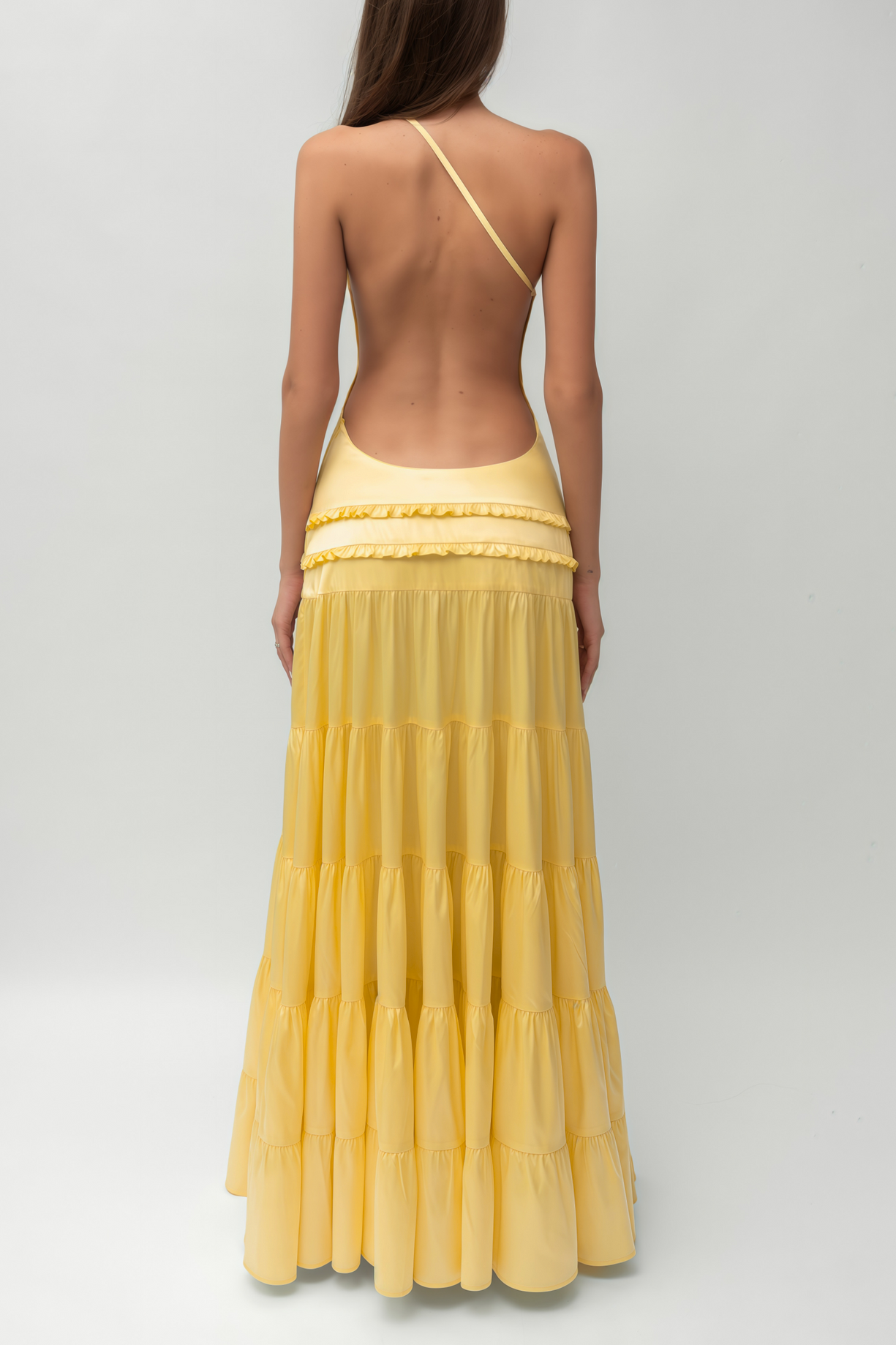 Solid Frill Skew Collar Slip Midi Dress