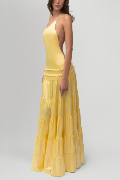 Solid Frill Skew Collar Slip Midi Dress