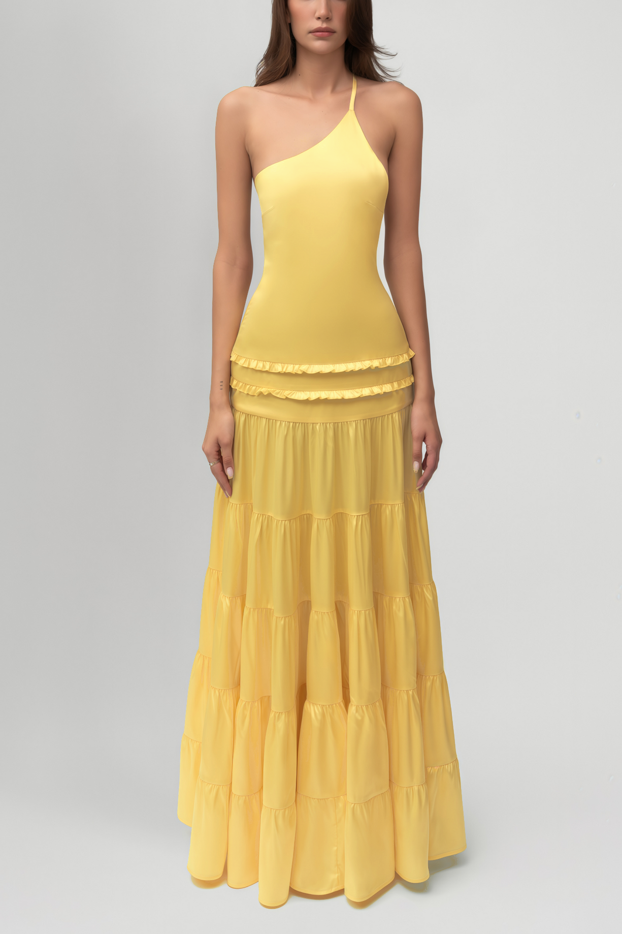 Solid Frill Skew Collar Slip Midi Dress