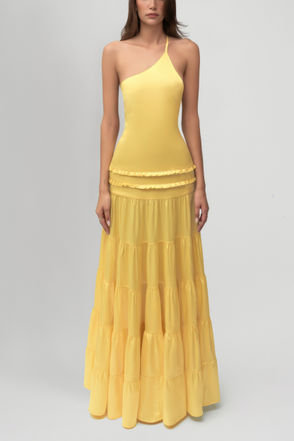 Solid Frill Skew Collar Slip Midi Dress