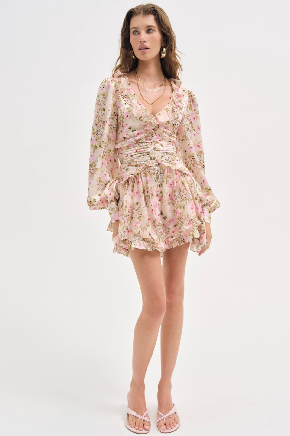 Floral Frill Lantern Sleeve Mini Dress