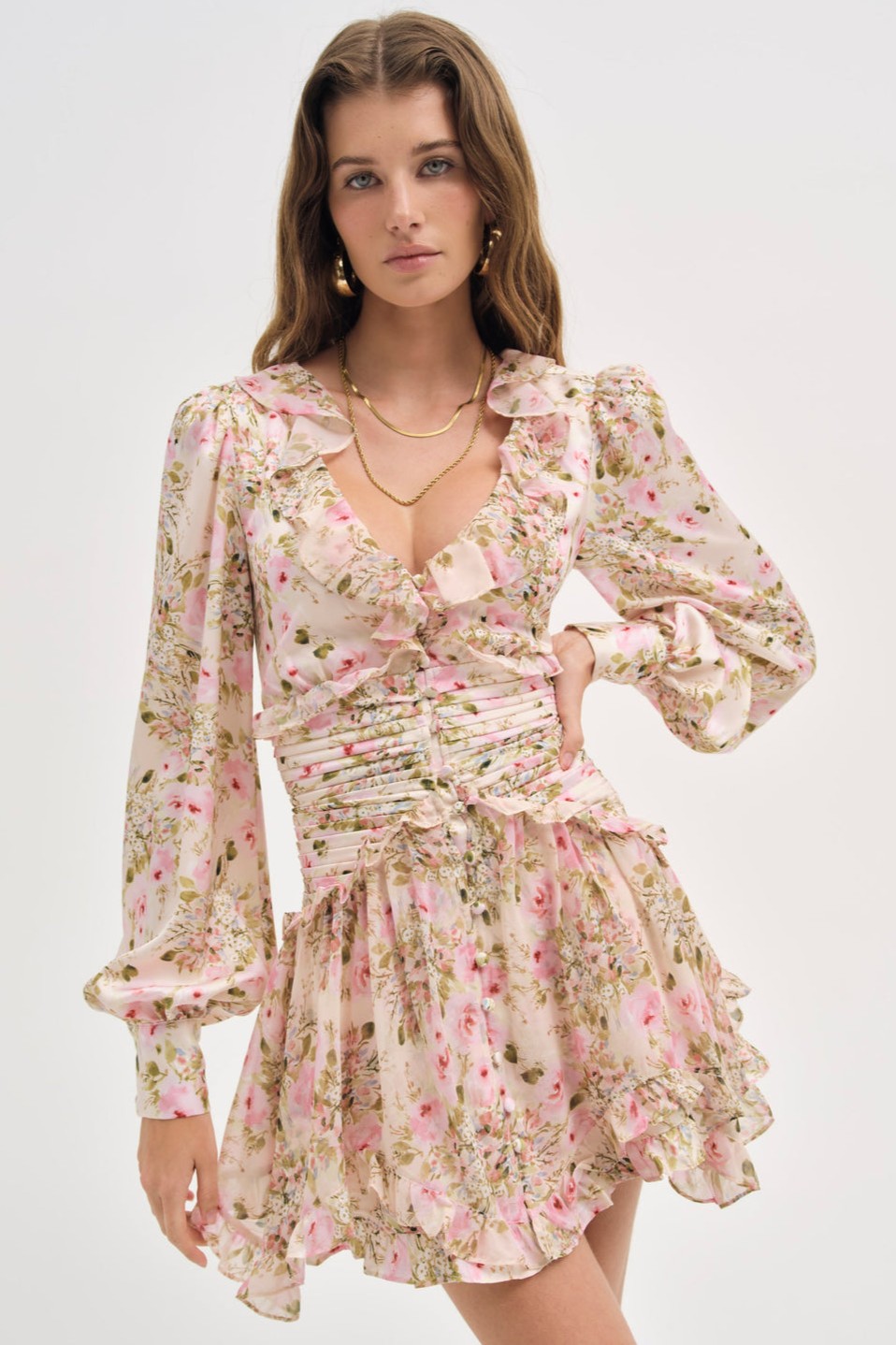 Floral Frill Lantern Sleeve Mini Dress