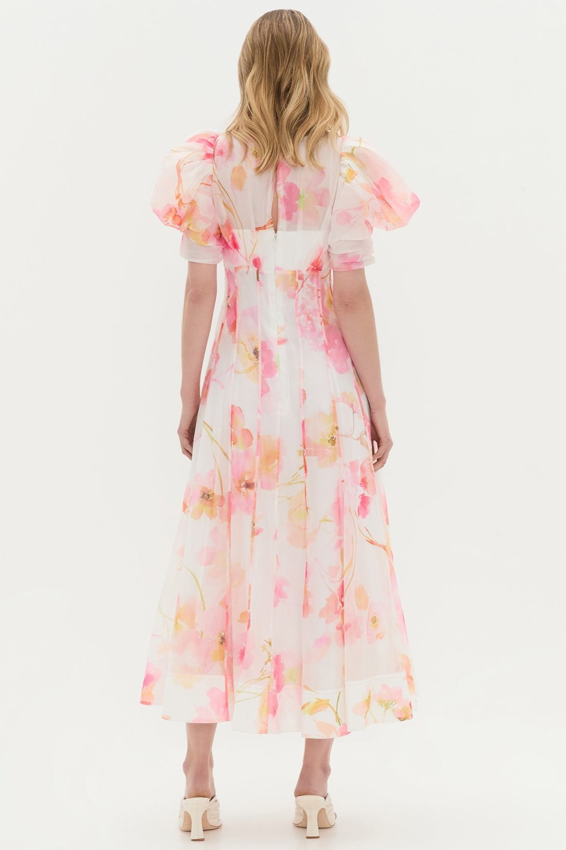 Floral Puff Sleeve Ruched Midi Dress