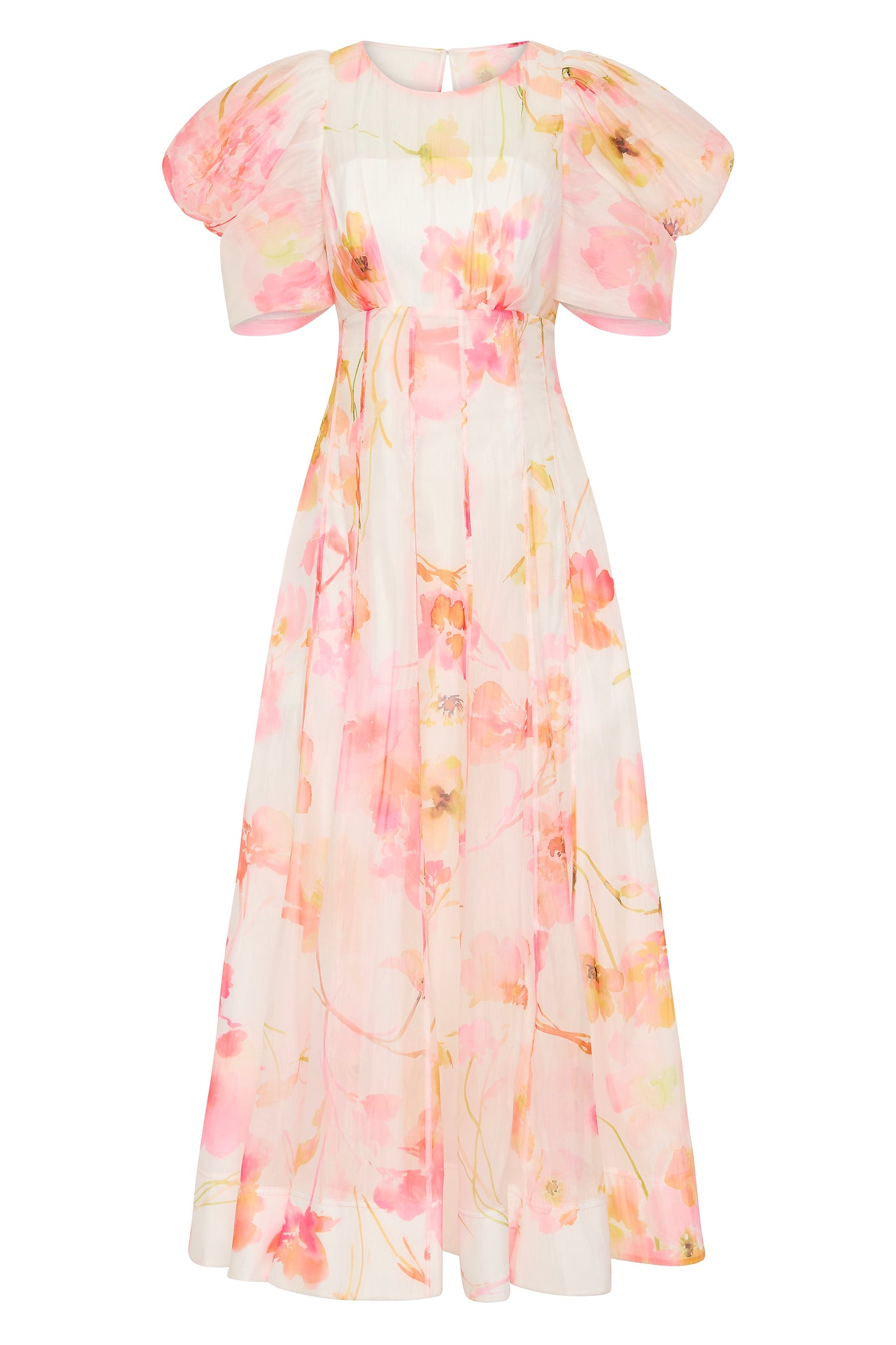 Floral Puff Sleeve Ruched Midi Dress